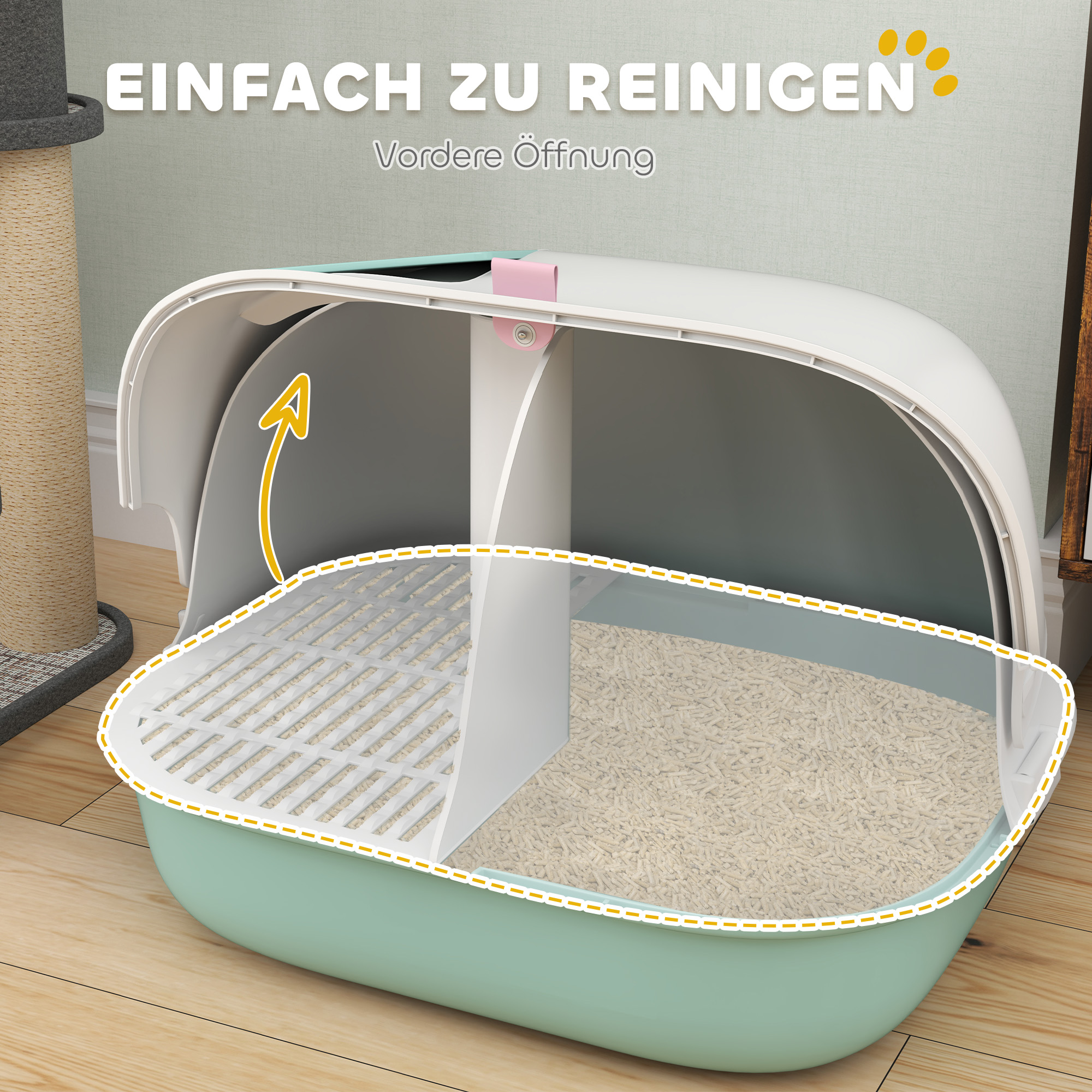 Katzentoilette mit Deckel, Katzenklo mit internem Kanal, Tür, Schaufel, leicht zu reinigen, Kunststoff, Grün