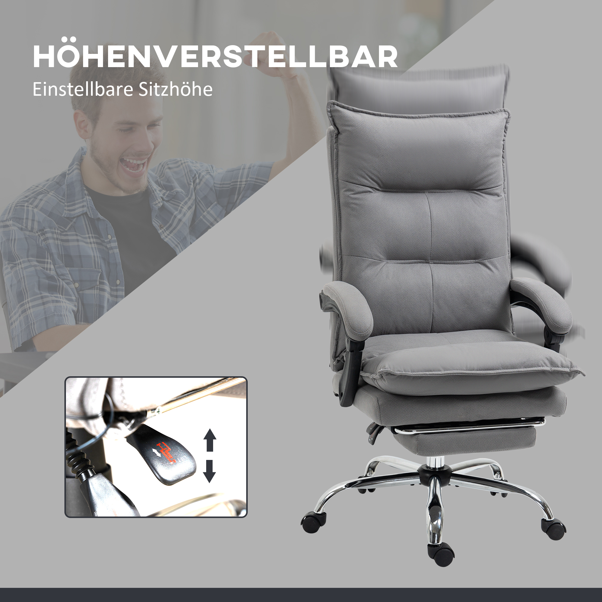 Bürostuhl mit Massagefunktion, Heizfunktion, Fernbedienung, ausfahrbare Fußstütze, neigbar, grau