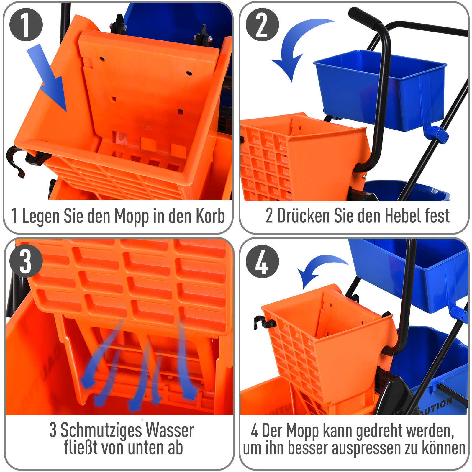 Reinigungseimer, Wischmoppeimer, rollbar, 26 Liter, Kunststoff, Metall, Orange