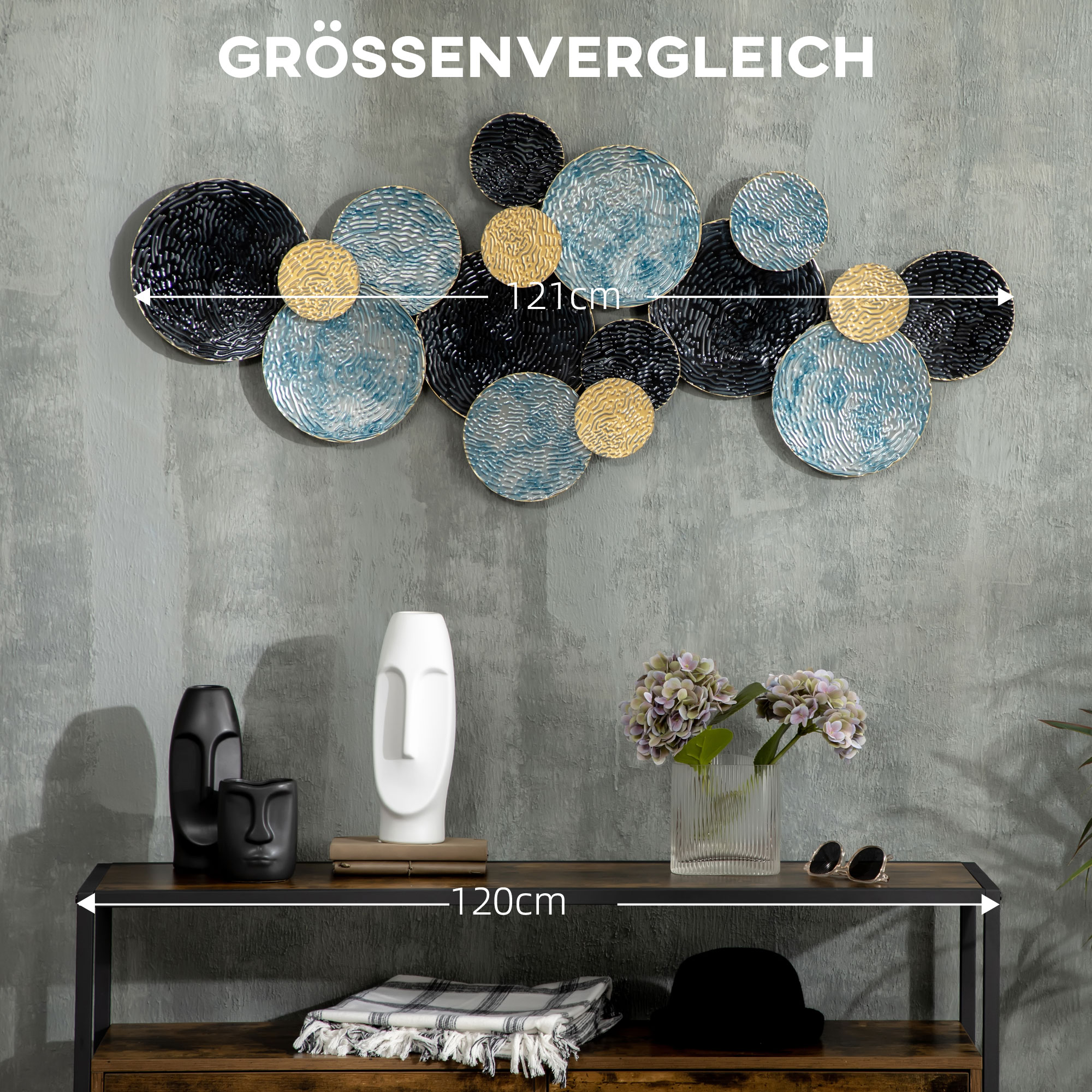 3D-Wanddekoration mit Kreisen 121 cm x 4 cm x 53 cm Metall Blau + Schwarz