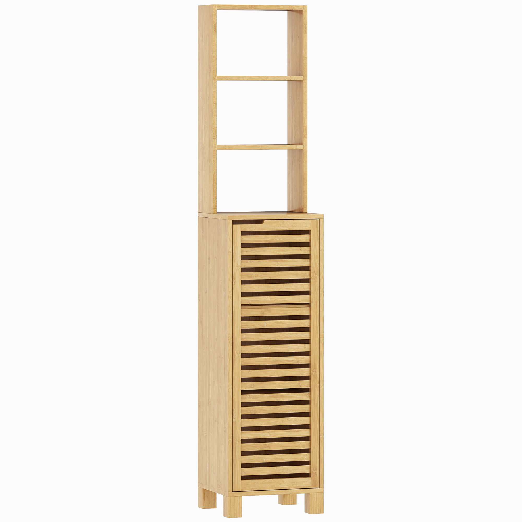 Badezimmerschrank schmal, Hochschrank mit 3 offenen Regalen, verstellbaren Regalen, Lamellentür, 34 x 30 x 170 cm Natur