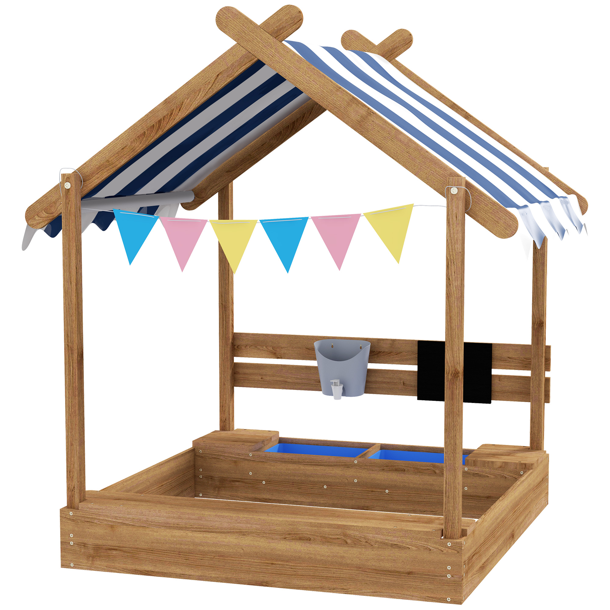 Sandkasten mit Sonnenschutz, Spielhaus-Design, mit Spielzeug-Set, behandeltes Massivholz, 124 x 116 x 146 cm, Braun
