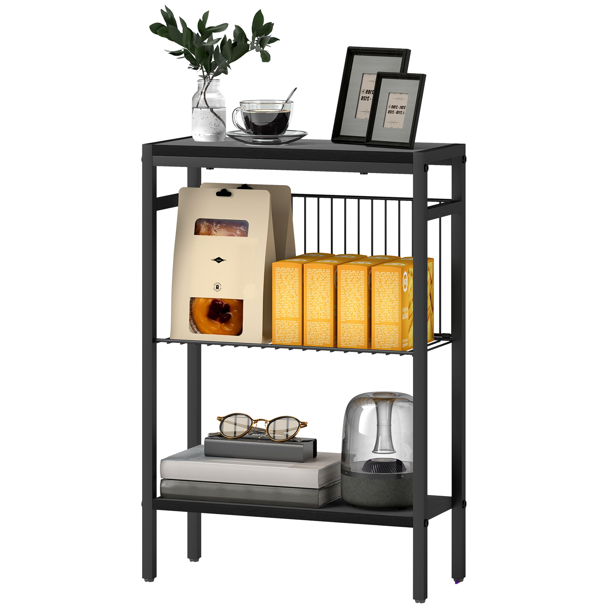 Beistelltisch, 3-stufiges Design, Regale in Holzoptik, Stahlrahmen, Schwarz Beistelltisch, 3-stufiges Design, Regale in Holzoptik, Stahlrahmen, Schwarz