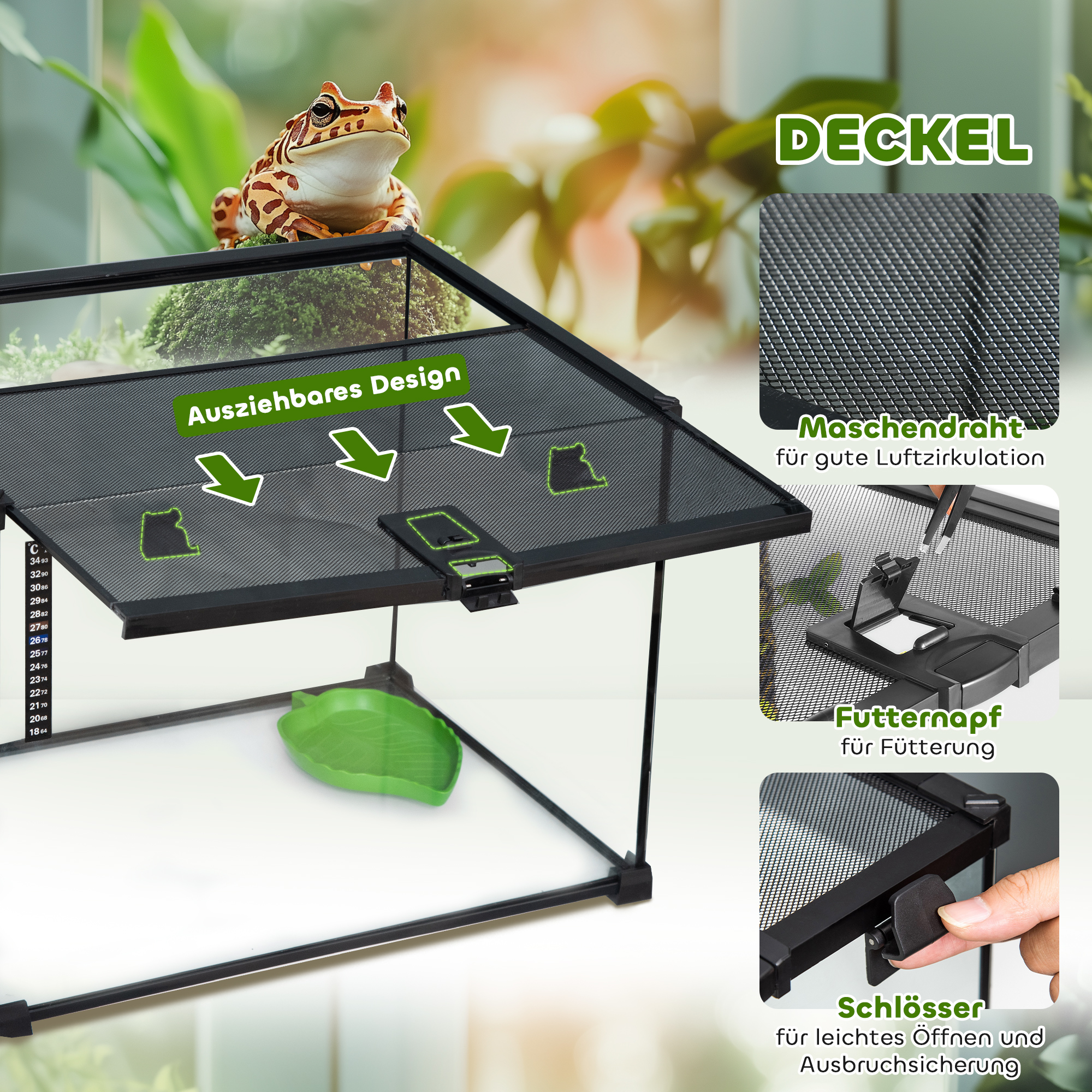 Terrarium für Reptilien Reptile Fütterungsbox Glasterrarium Amphibien Spinnentiere mit Thermometer Reptilienzuchtbox Metall Schwarz 50 x 30 x 35 cm