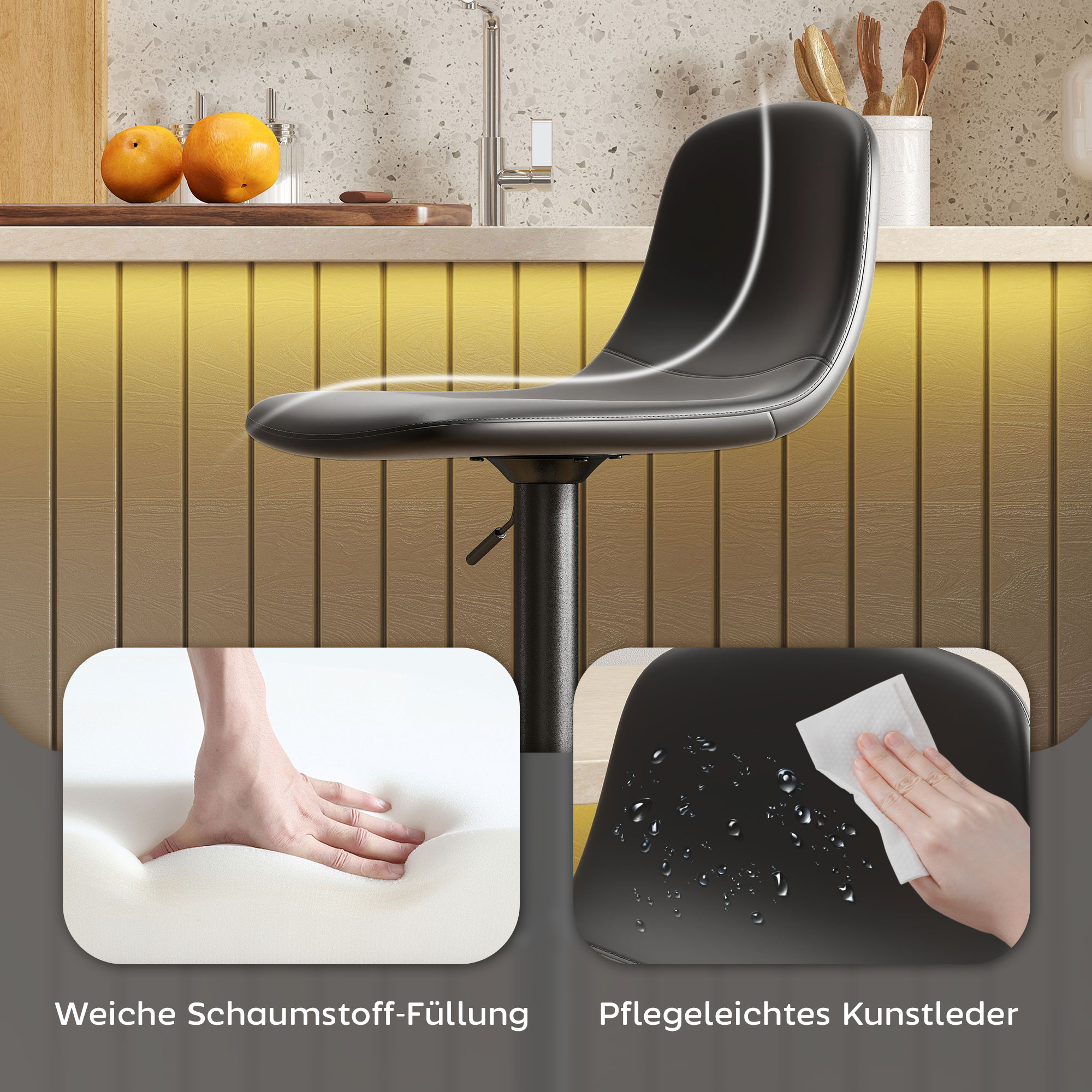 2er-Set Barhocker, Barstühle mit Kunstlederbezug, drehbar, mit Rückenlehne und Fußstütze, Metallbasis, Schwarz