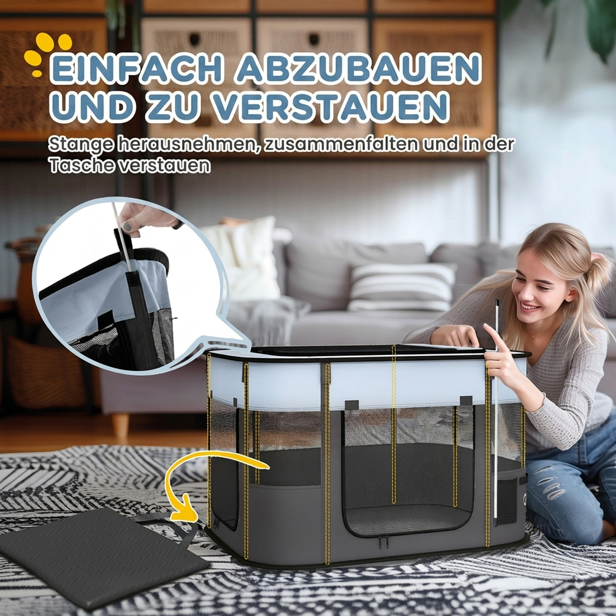 Spielgehege für Haustiere, faltbar, mit Aufbewahrungstasche, für Welpen und Kätzchen, drinnen und draußen, Grau