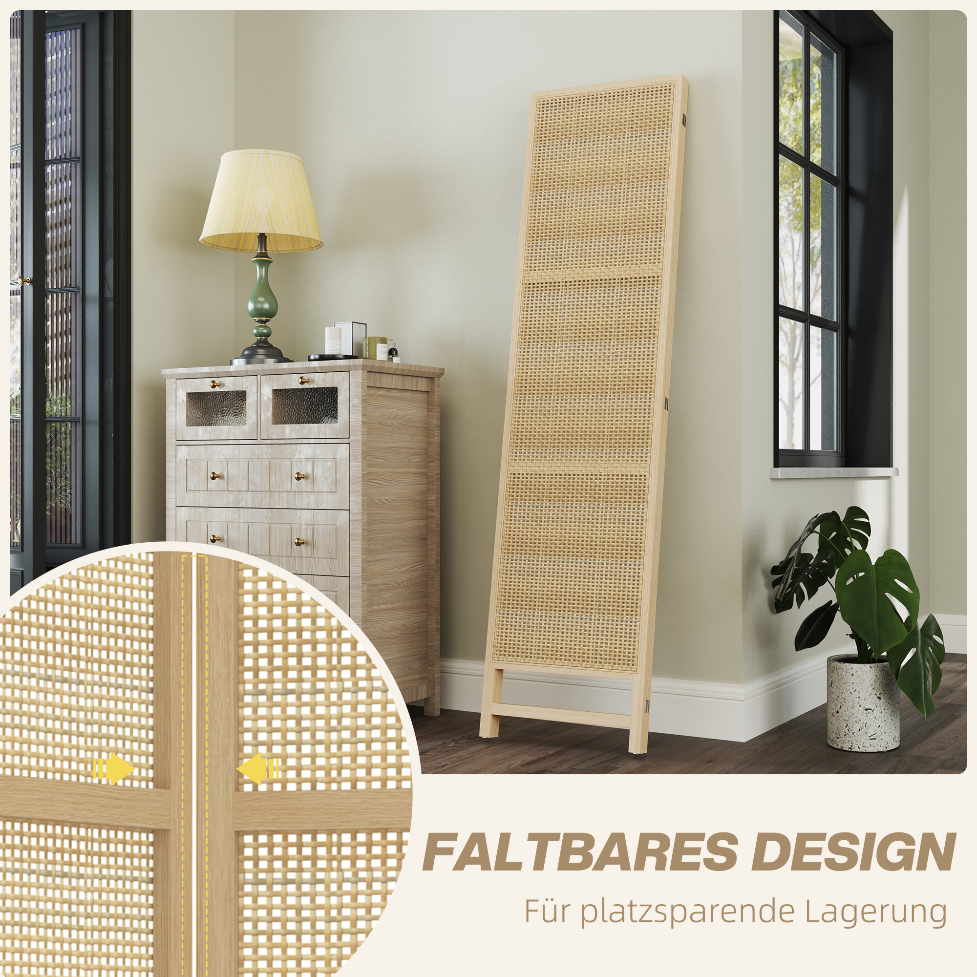 3-teiliger Raumteiler, 180 cm faltbarer Wandschirm, Freistehender Raumtrenner mit handgewebtem Design für Zuhause, Natur