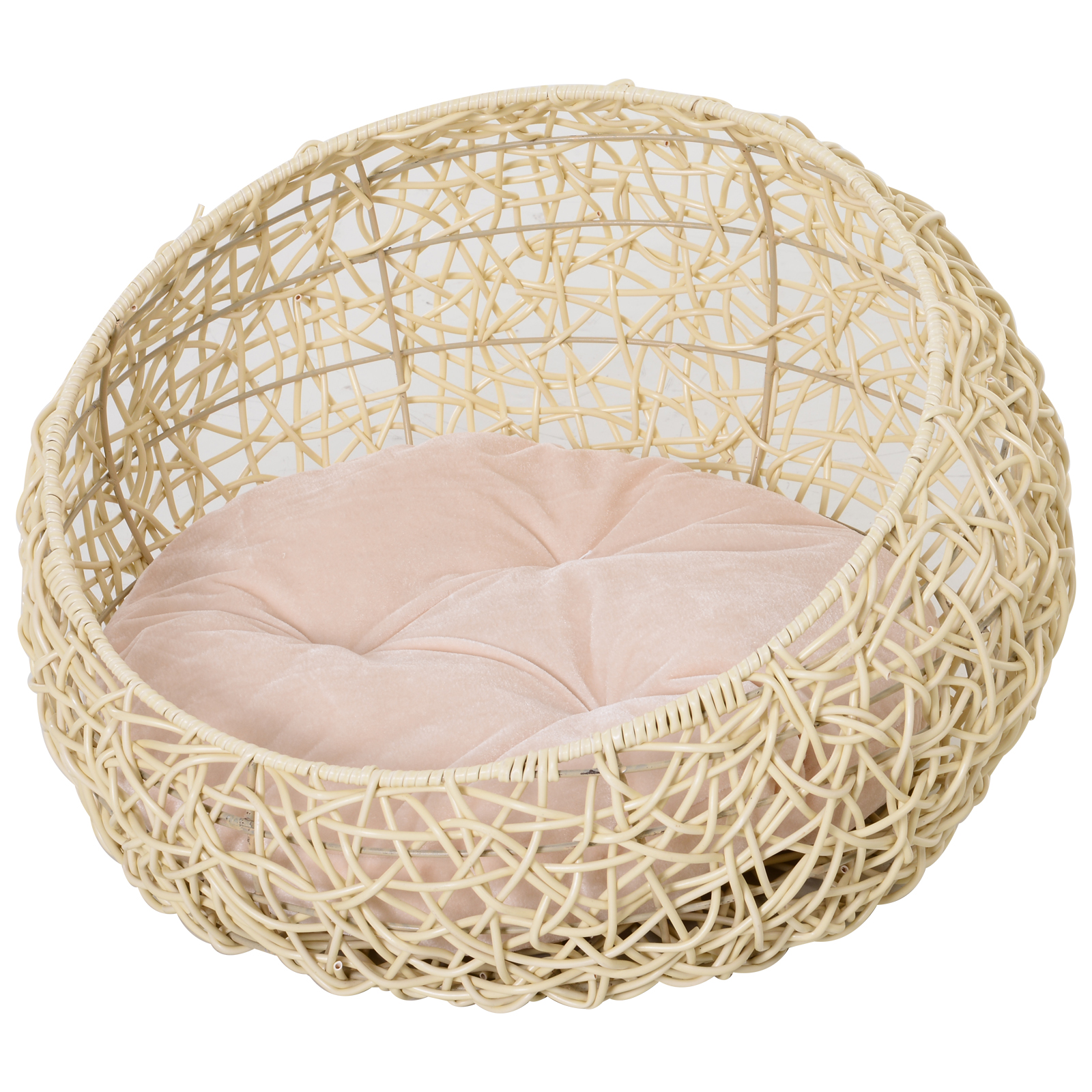 Katzenbett aus Rattan Katzenhöhle mit Kissen Katzenkorb Hundebett Katzenschlafplatz Hundehütte Tierbett für Katzen Hunde Beige Ø56 x 35 cm