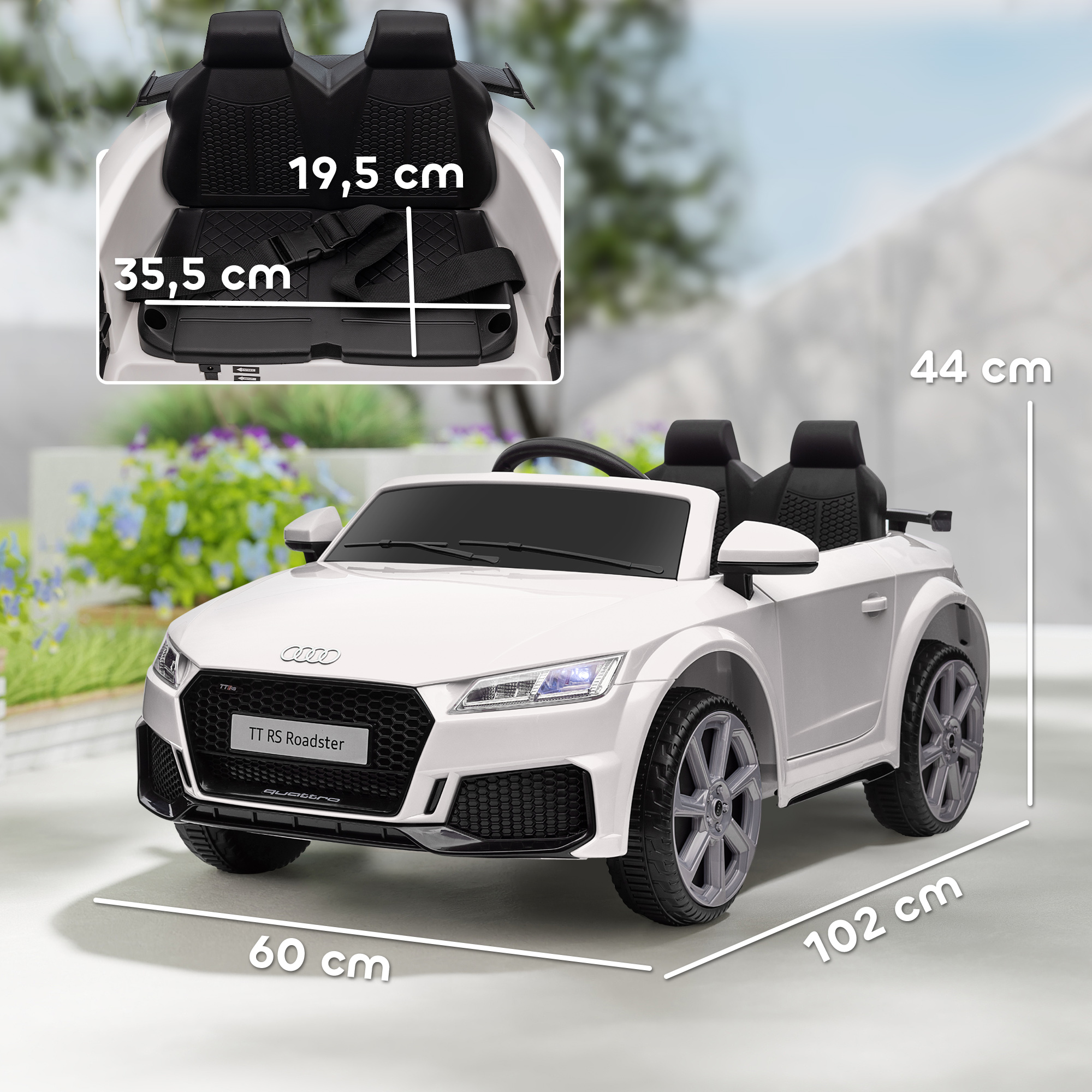 Kinderfahrzeug Audi TT RS Roadster, 3 km/h, Fernbedienung, LED, USB, weiß