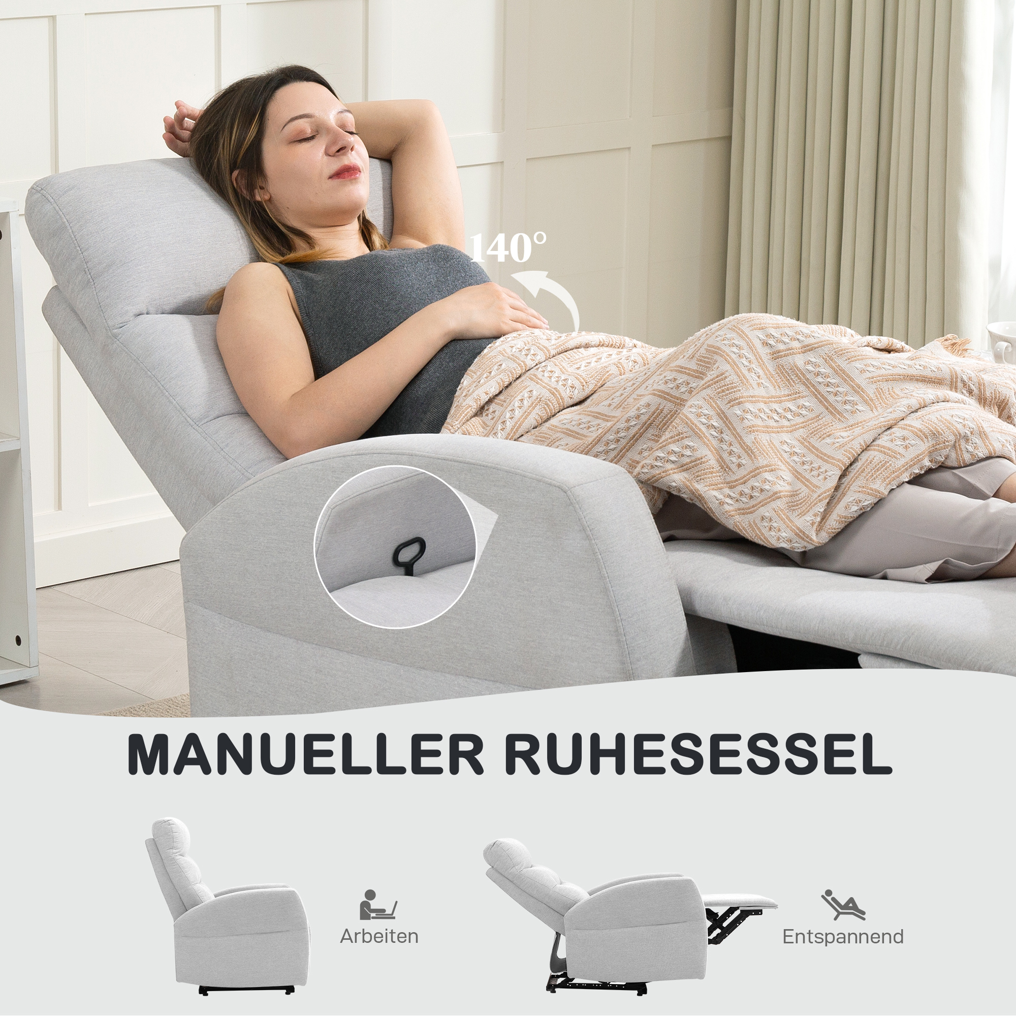 verstellbarer Relaxsessel mit Fußstütze, Moderner Polstersessel, Hellgrau
