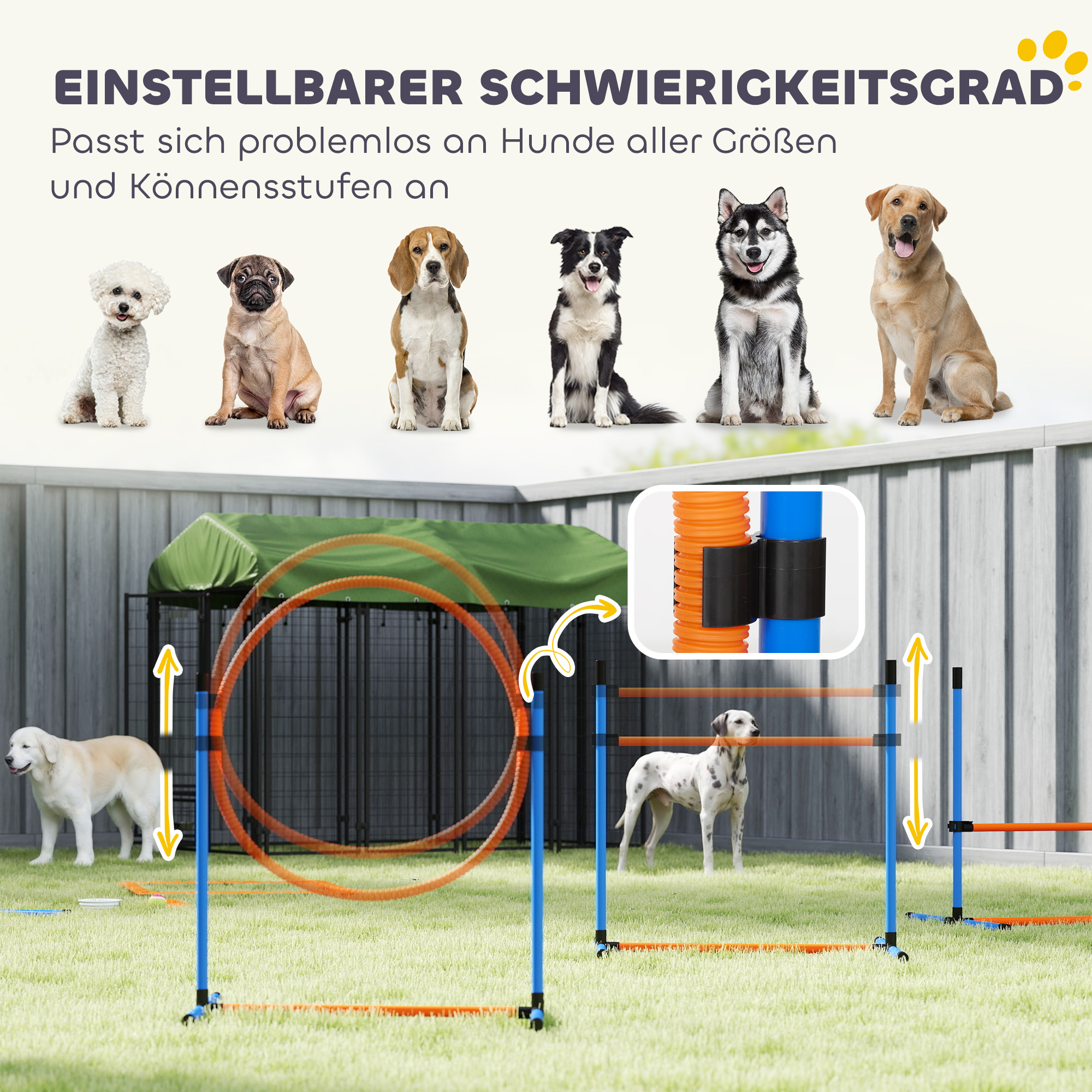 Agility Set Hunde 11-teilig Agility-Ausrüstung für Hunde mit 2 Tunnel Höhenverstellbar Sprungring & Hürden Slalomstange