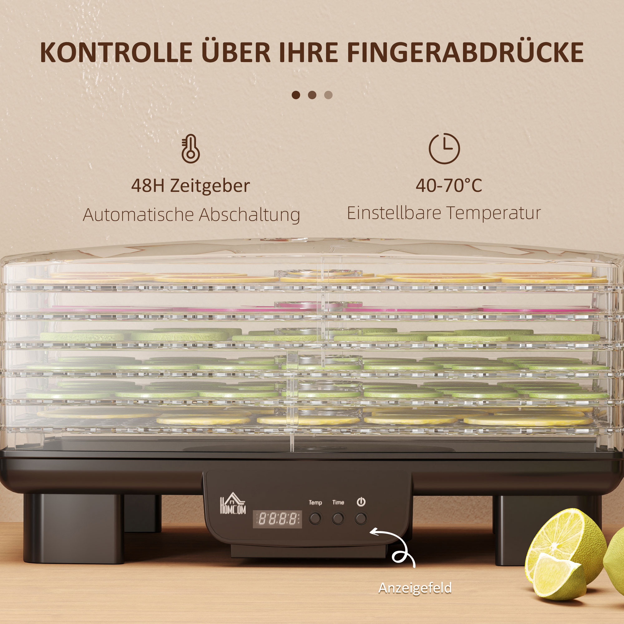 Dörrautomat, 6 Ebenen, Heißluftzirkulation, 40-70?, 43 x 29,5 x 28 cm, Schwarz