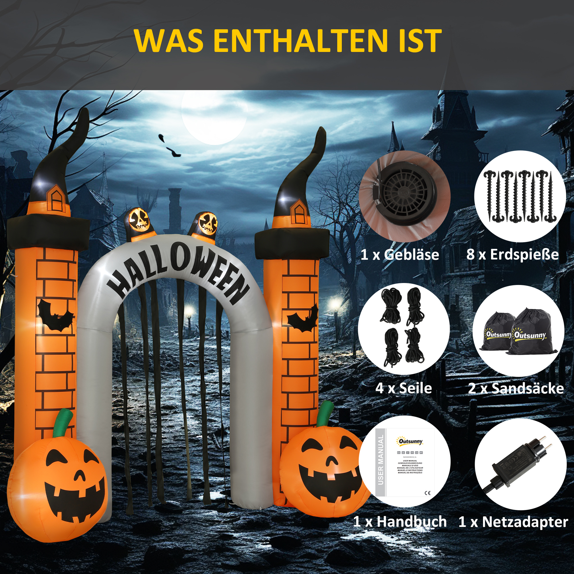 Aufblasbarer Halloween-Torbogen, Kürbis-Design, LEDs, Heringe, Polyester
