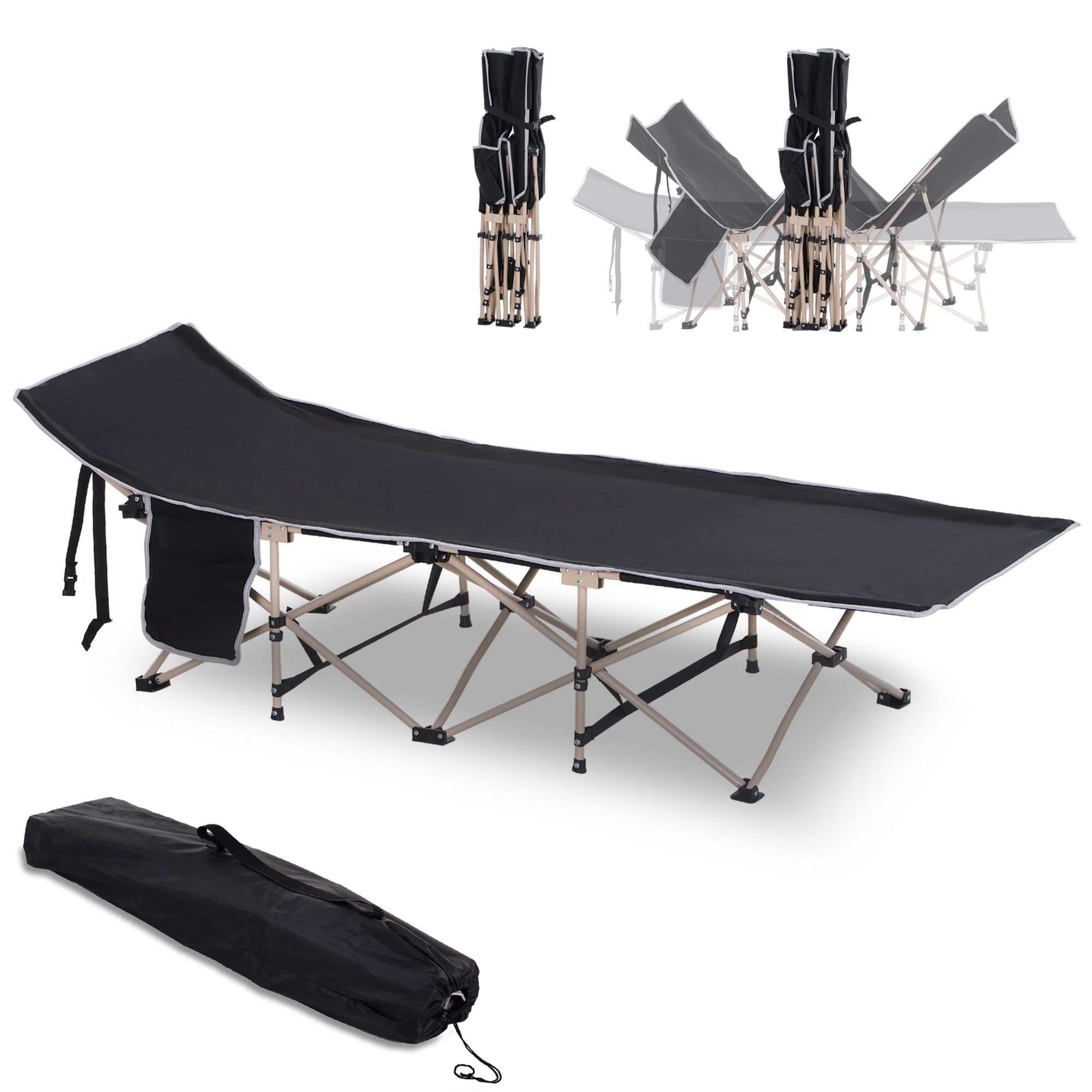 Feldbett, Campingbett, klappbar, wetterbeständig, ink. Tragetasche, 190 x 68 x 52 cm, Schwarz Feldbett, Campingbett, klappbar, wetterbeständig, ink. Tragetasche, 190 x 68 x 52 cm, Schwarz