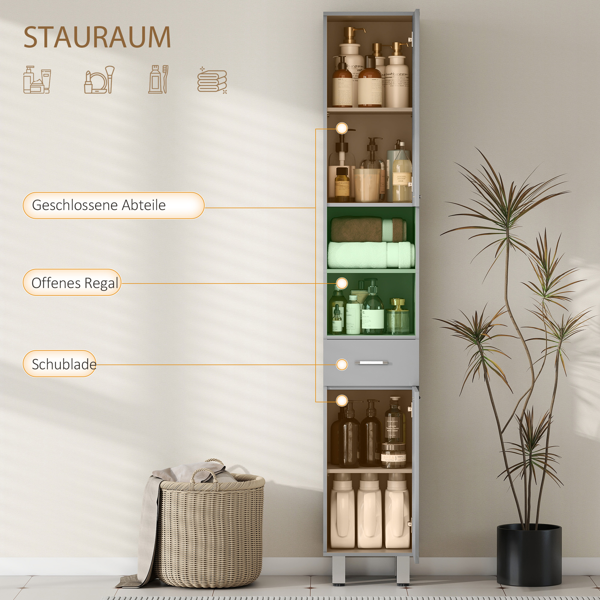 Badezimmerschrank, Badkommode, mit Regalen und Schublade, verstellbar, Grau