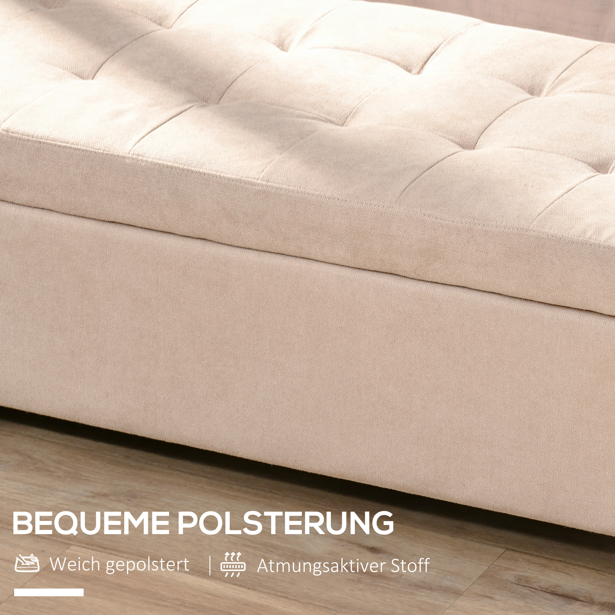 Polsterbank mit Stauraum, Knopfheftung, bis 120 kg, 125 x 49 x 41,5 cm, Beige