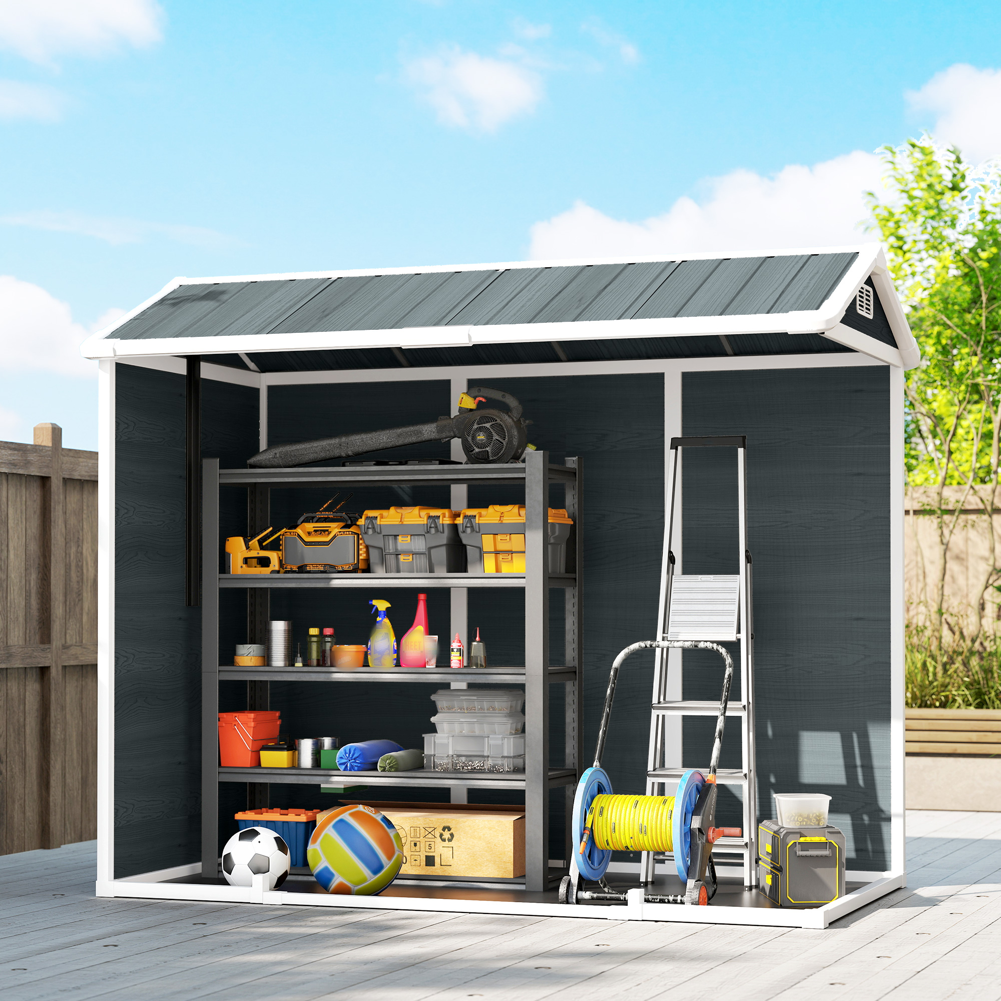 Gerätehaus 2,77 m², Geräteschuppen mit Holzoptik 2 Fenster Doppeltür Belüftung Boden Schloss Handschuhe