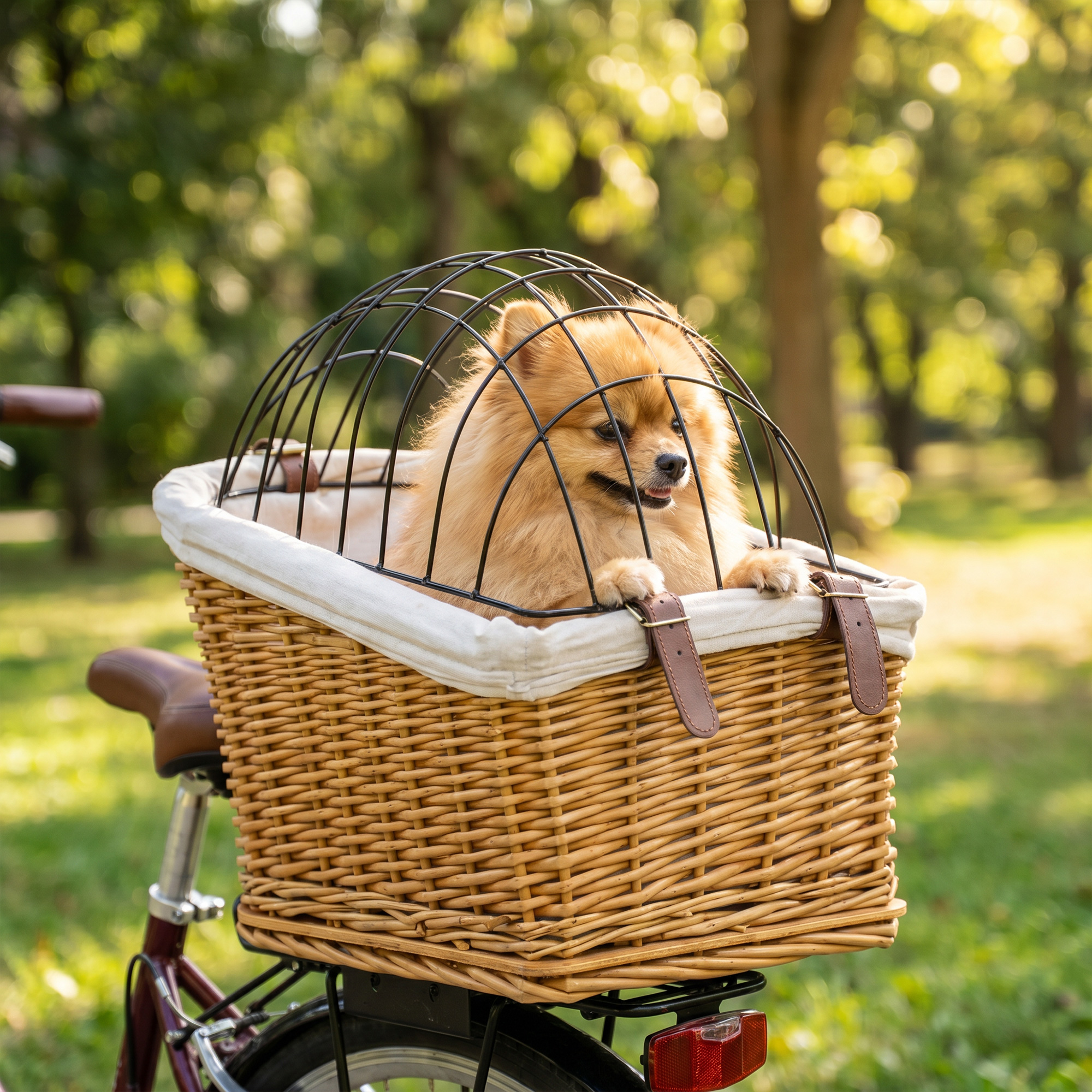Fahrradkorb für Hunde & Katzen, Handgeflochtener Tierkorb mit Metallabdeckung & weichem Kissen, Hellbraun