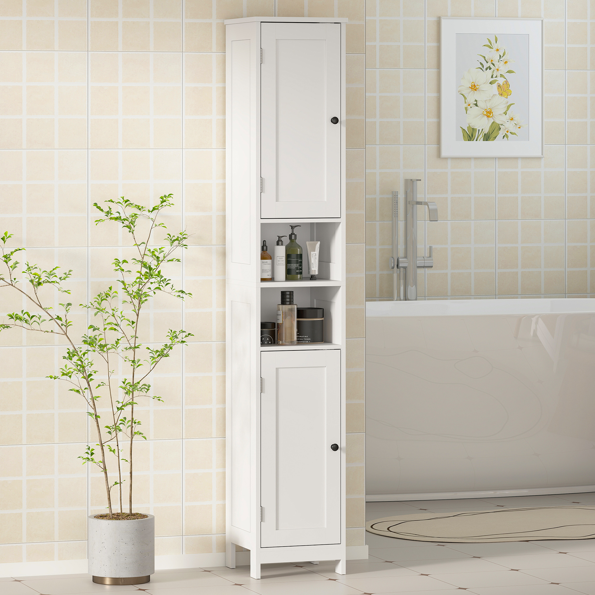 hoher schlanker Badezimmerschrank mit Türen, offene Regale, 30 x 30 x 170 cm, Weiß