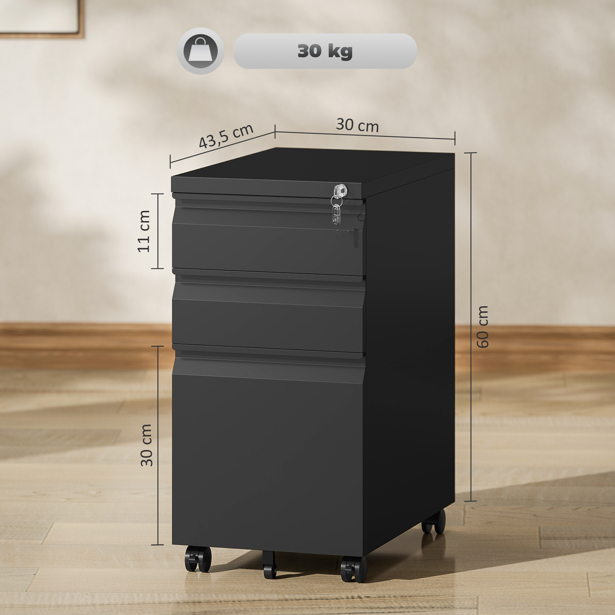 Aktenschrank aus Metall, Büroschrank, 3 Schubladen, rollbar, Schwarz