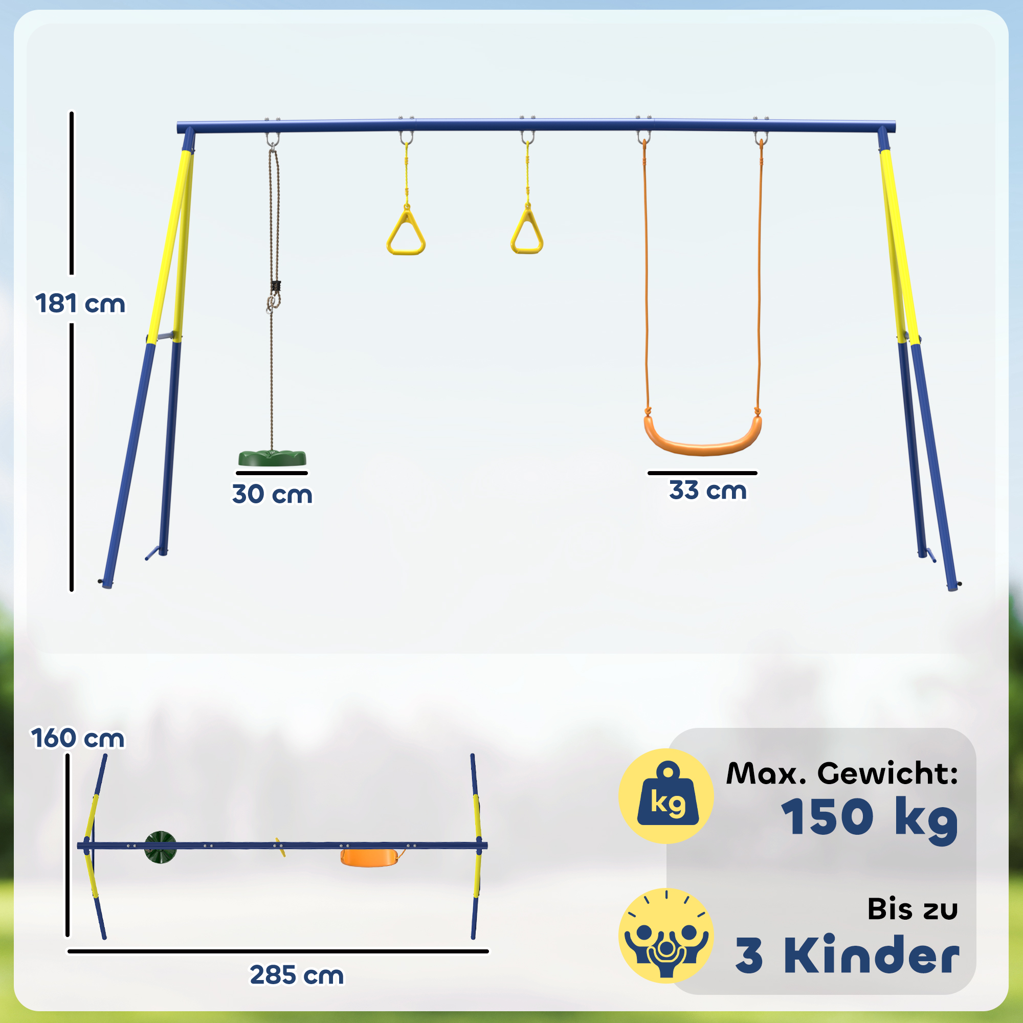 Schaukelgestell bis 150 kg 3-in-1 Kinderschaukel mit klassischer Schaukel, Turnringe, Stehschaukel, 285x160x181 cm