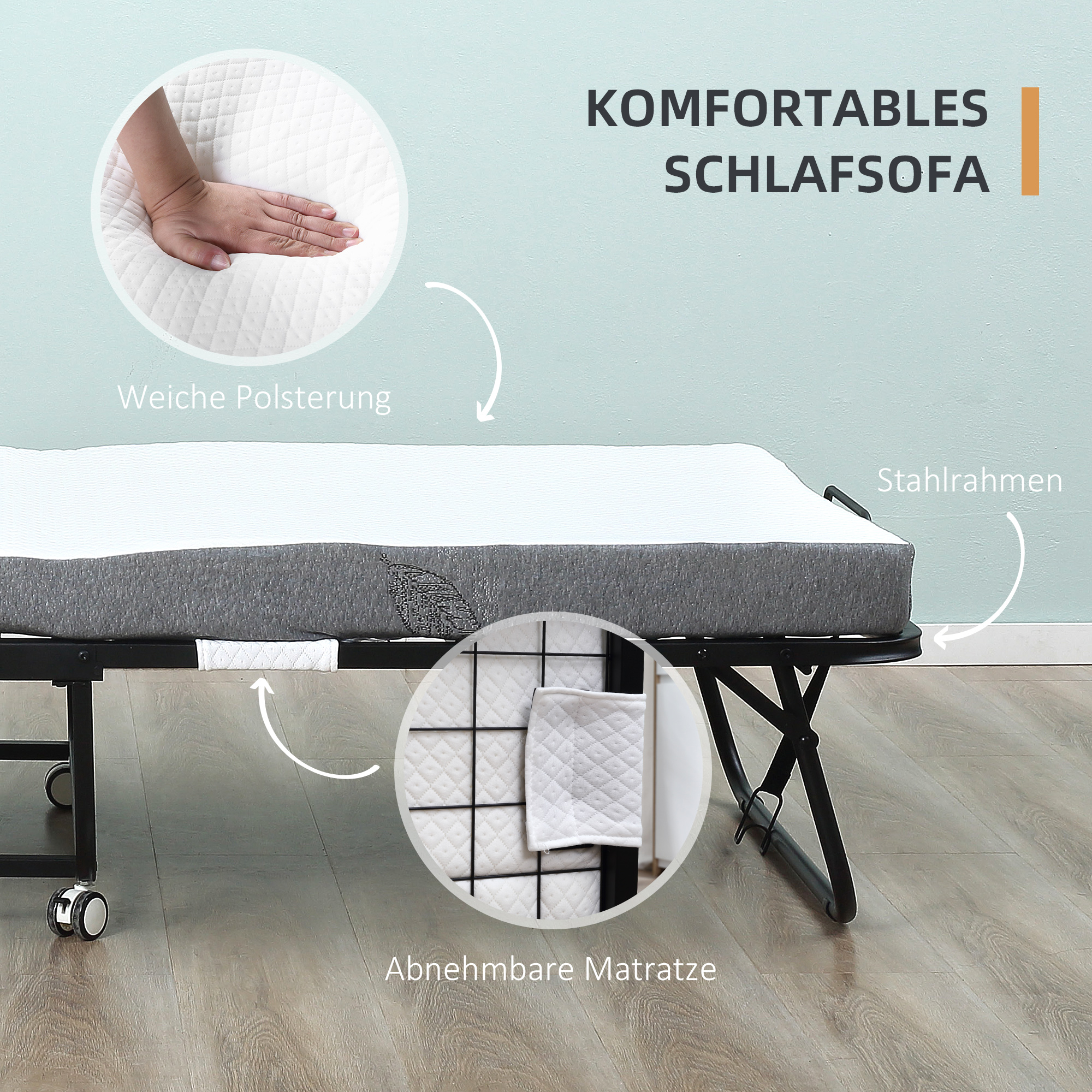 Klappbett 80x200 cm Erwachsene Gästebett Klappbar mit 10cm Dicker Schaumstoff Reisebett mit Stahlrahmen Feldbett mit Rollen bis 150 kg belastbar Einzelbett