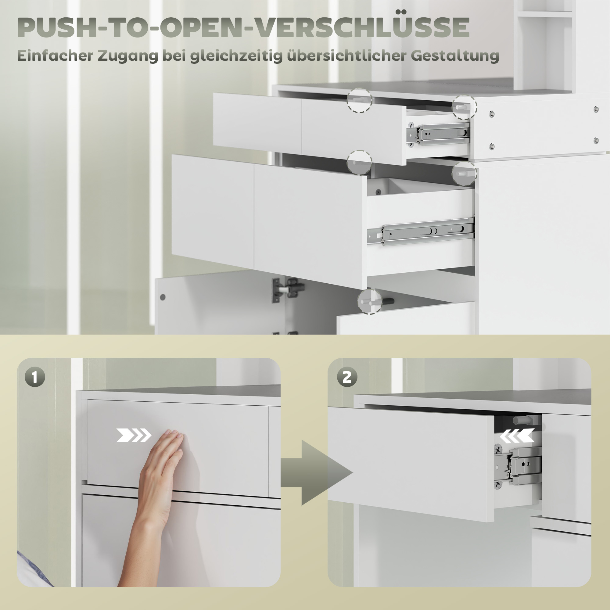 Schminktisch, Make-up-Tisch mit großem Spiegel, 4 Schubladen, 3 offene Fächer, 2 Schränke, MDF, Weiß