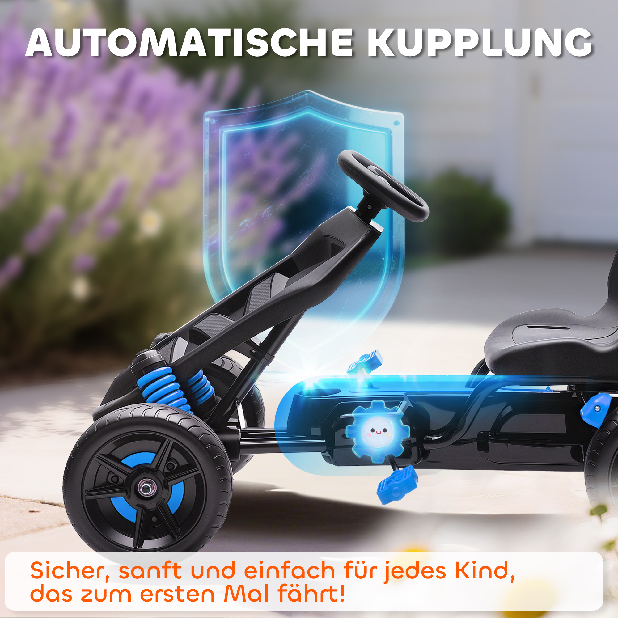Gokart mit Pedalen, Tretauto für Kinder mit Bremse, rutschfeste Räder, Metallrahmen, 3-6 Jahre, Blau