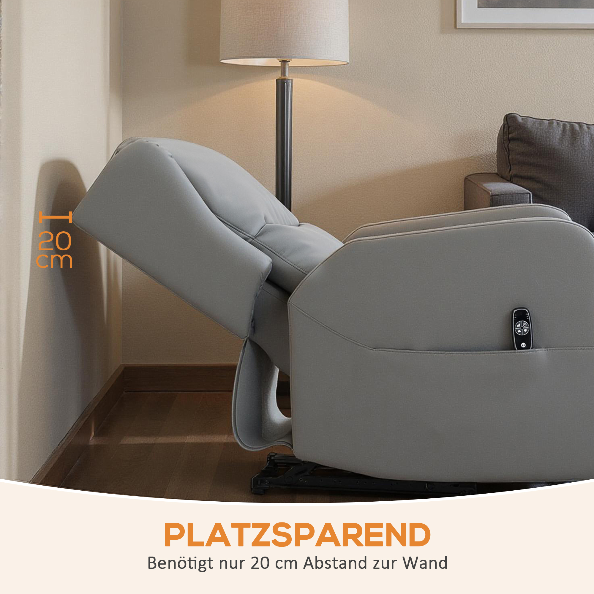 Massagesessel mit Rücklehnfunktion, Kunstleder, elektrisch verstellbar, Fußstütze, Seitentasche, Stahlrahmen, Grau