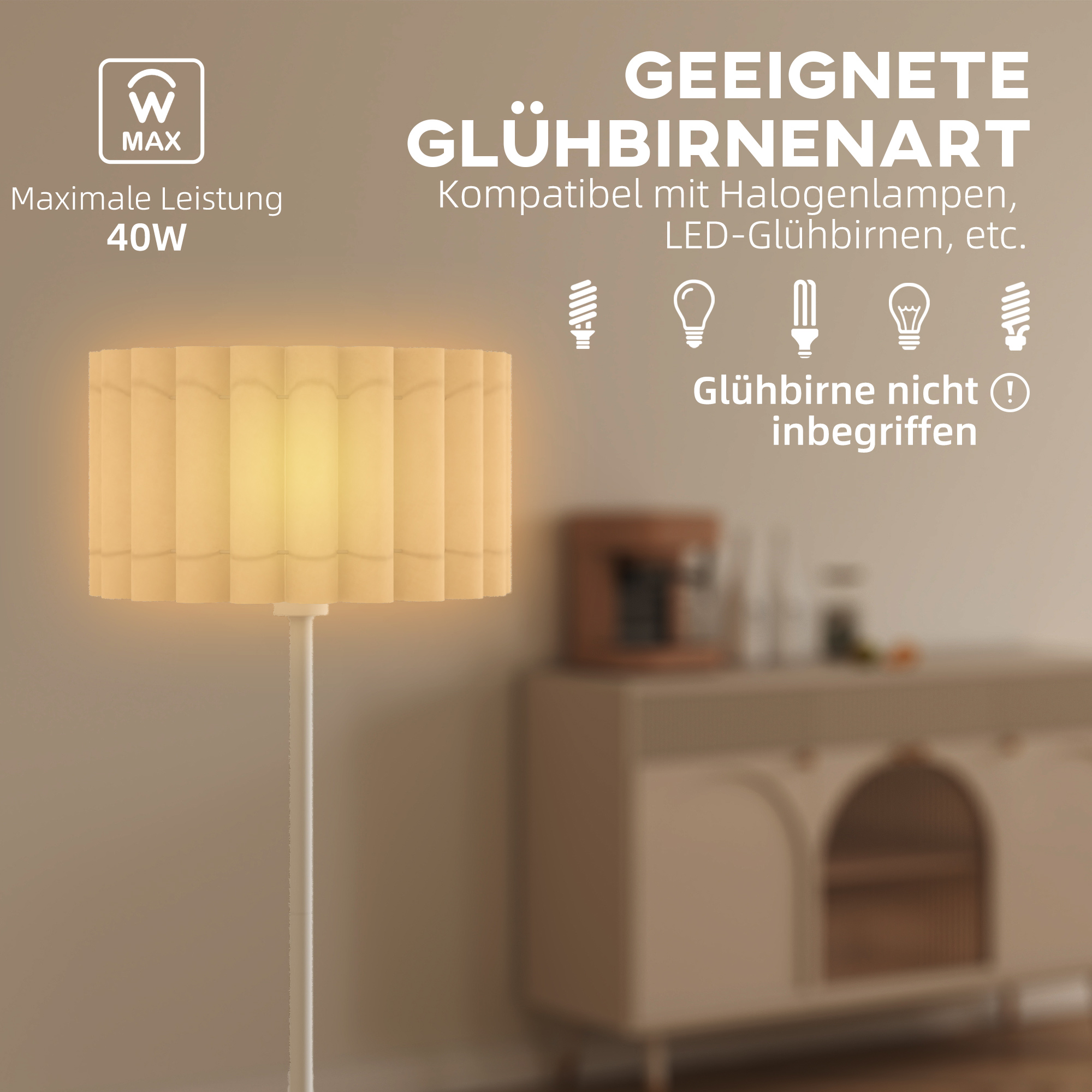 Stehlampe im Retro-Stil, Kunststoff-Lampenschirm, Fußschalter, Metallstab, Weiß
