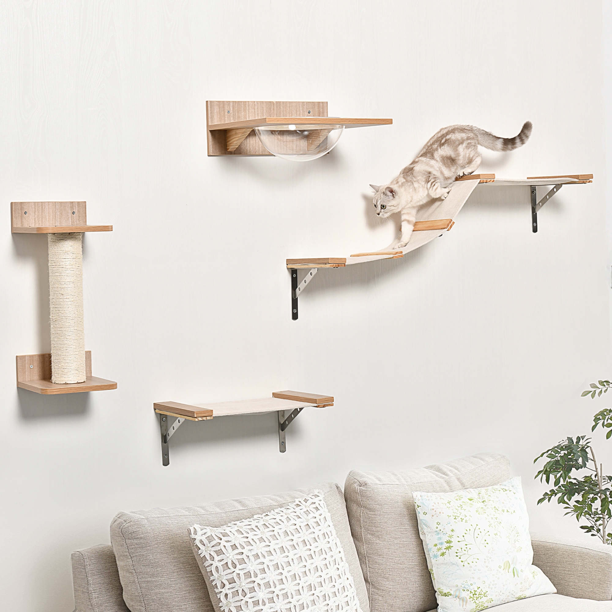 Kletterwand Katzen, 4-teilig Katzenkletterwand Set Katzen Wandelemente mit Kratzbaum Hängematte Sprungplattform Kratzsäule Katzentreppe Katzenwandmöbel für Klettern Schlafen bis 5 kg Hellbraun