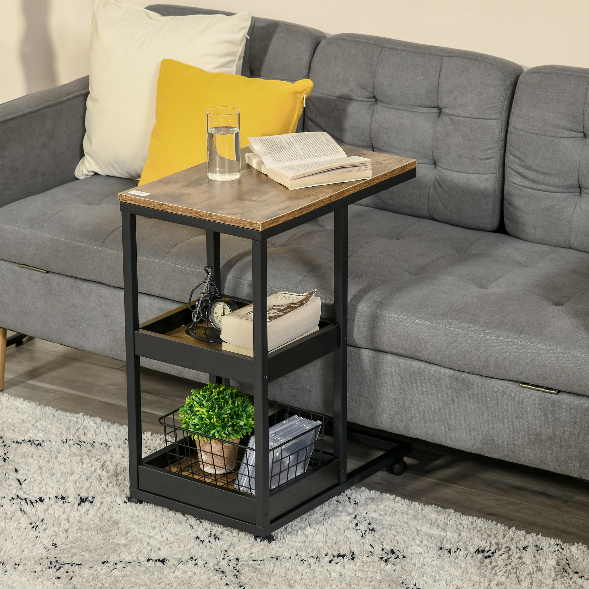 Beistelltisch mit Rädern für Sofa oder Bett, Industriestil, Stahl und Holz, Braun und Schwarz