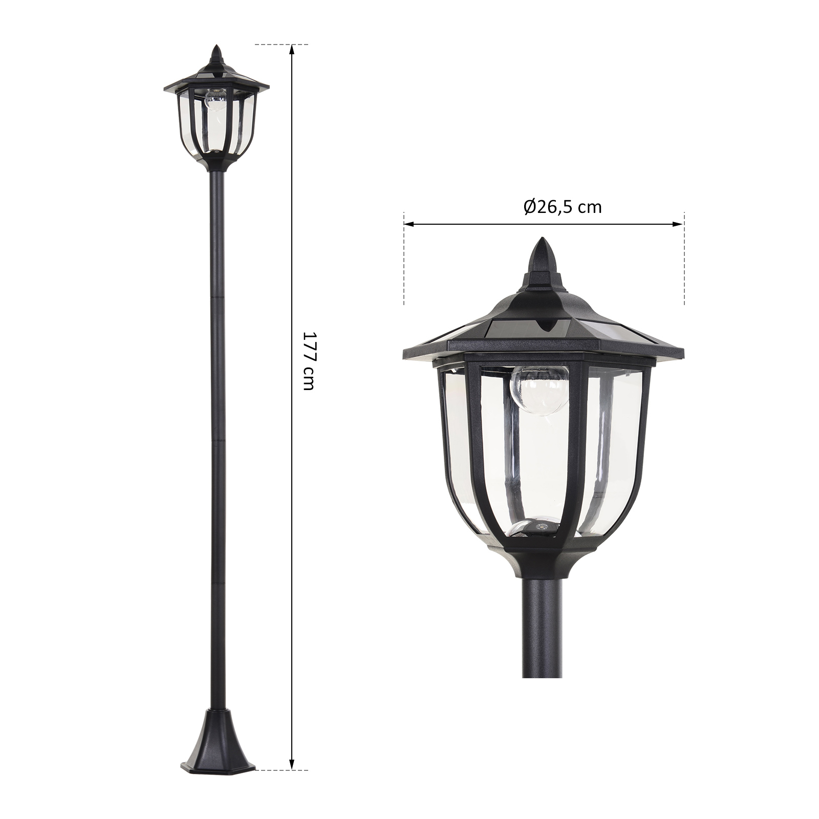 Solar LED Gartenlaterne, Laterne aus Kunststoff, Außenleuchte für Innen und Außen 177 cm hoch, Gartenleuchte, 30/60 Lumen, für Garten Balkon Deko Schwarz