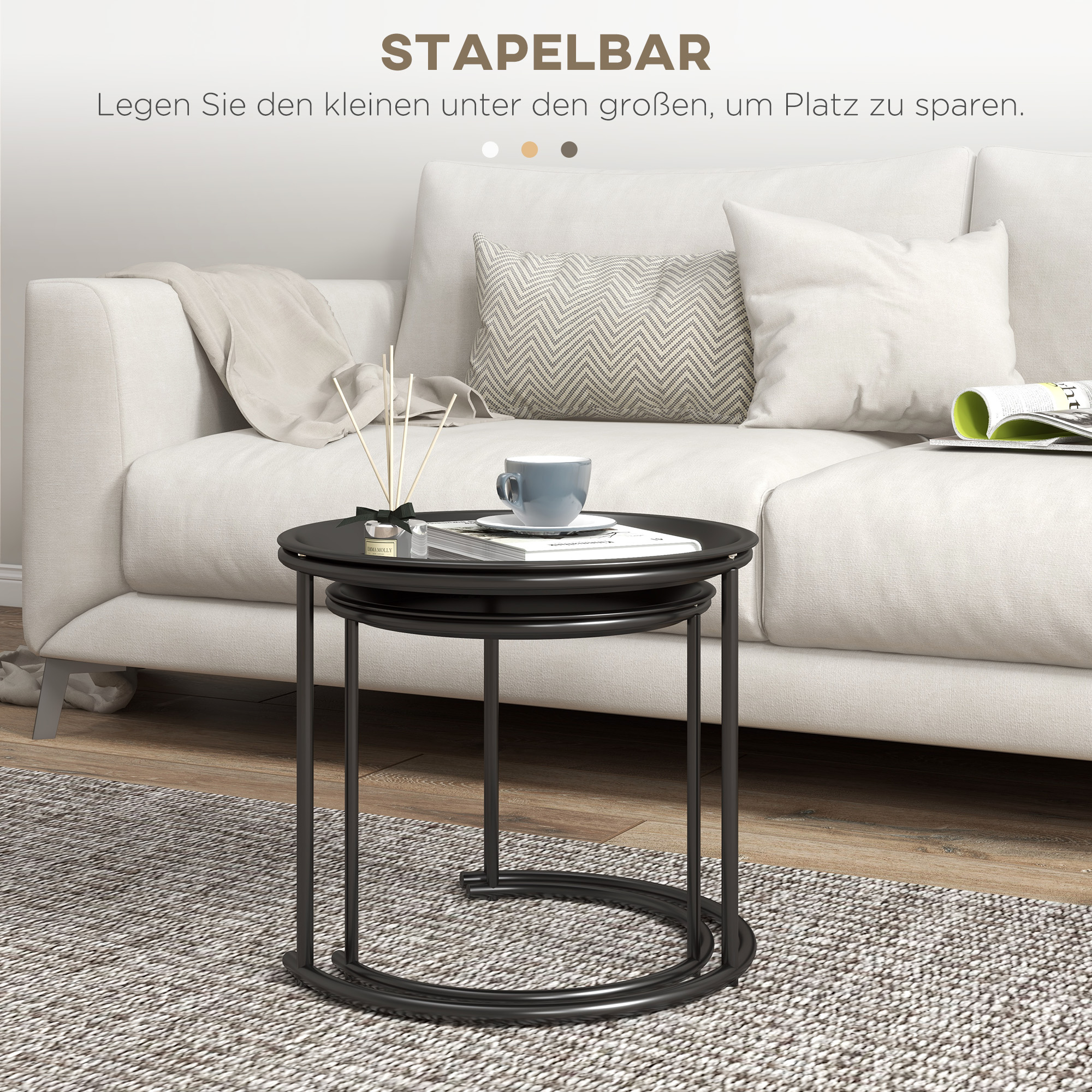 2er-Set Beistelltische aus Metall, ineinander verschiebbar, Tischplatten als Tabletts verwendbar, Schwarz
