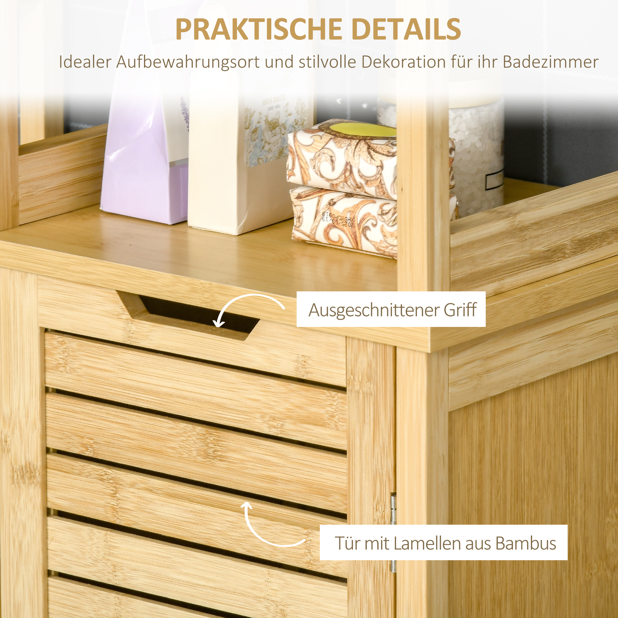 Badschrank, Hochschrank, drei Regalböden, ein Schrankfach mit Lamellentür, Kippschutz, Bambus, 34 x 30 x 173cm