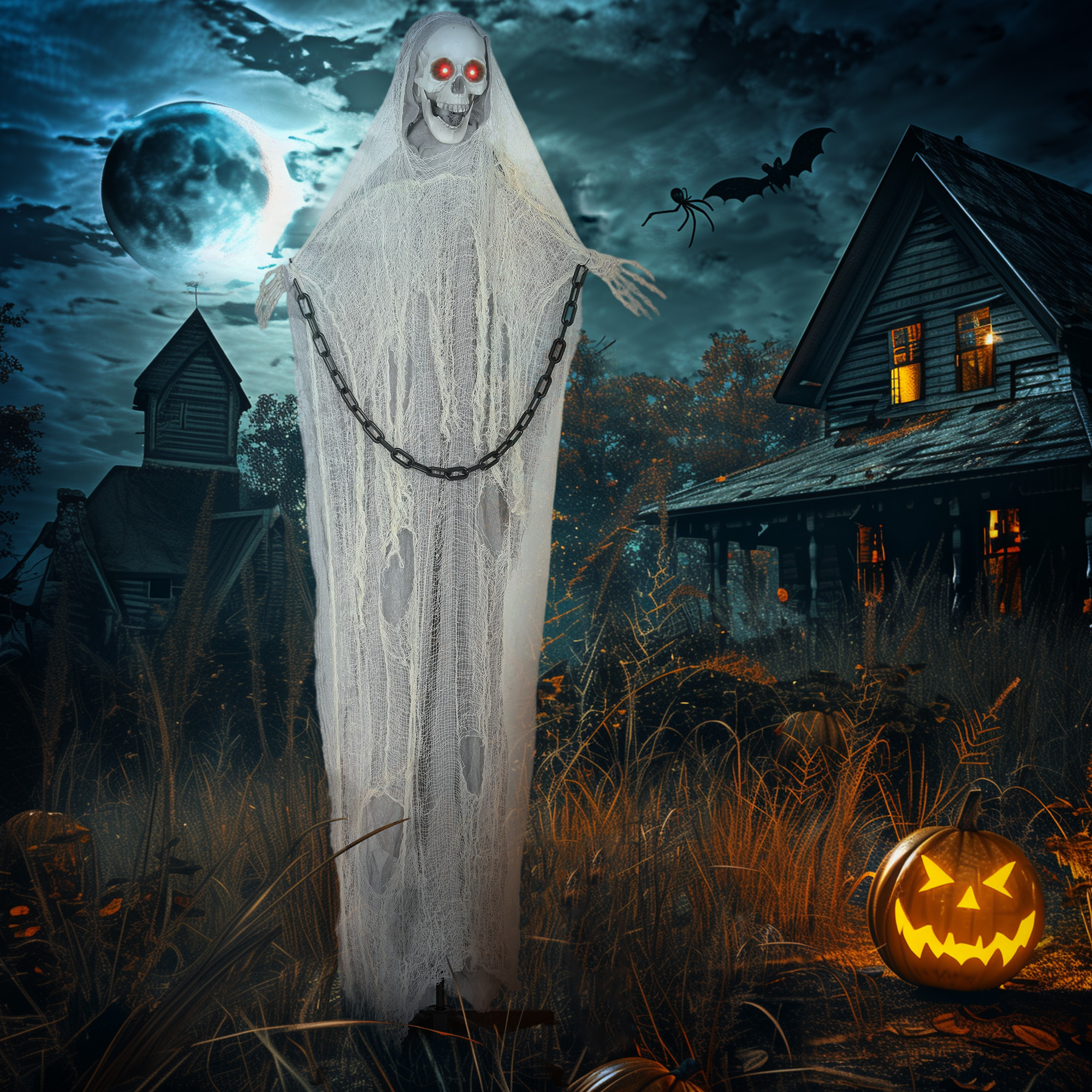 Halloween Deko Sensenmann Outdoor 183cm Animiert Sprechende Halloween Sensenmann mit Leuchtenden Augen gruseligem Sound Halloweendeko Halloween-Dekoration für Tür Garten Party Hof Spukhaus