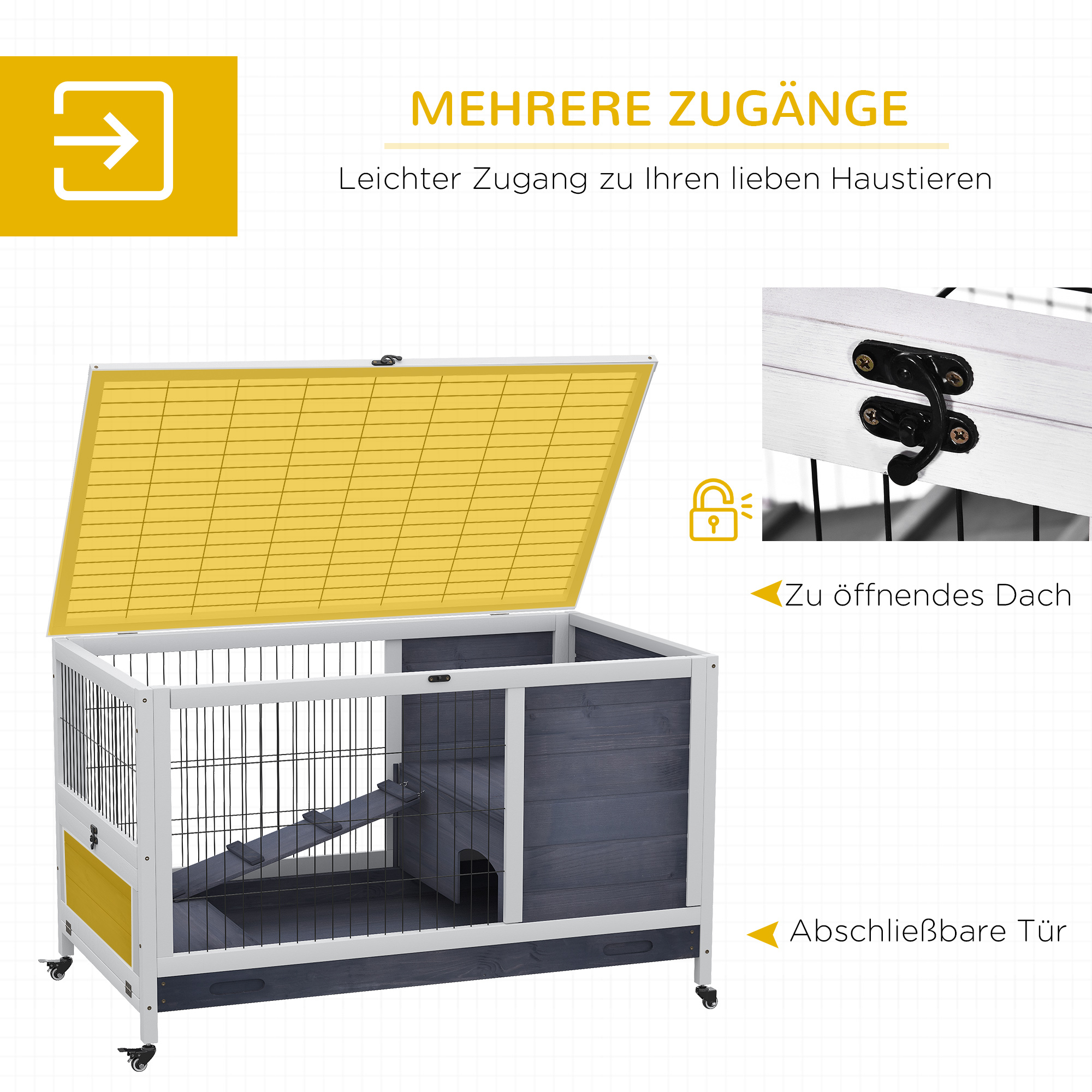 Kaninchenstall aus Holz Hasenstall mit Rädern Klappdach Rampe Ausziehbarem Tablett Winterfest Meerschweinchenstall Kleintierstall Kaninchenkäfig für Innen, draußen 90 x 53 x 59 cm Weiß