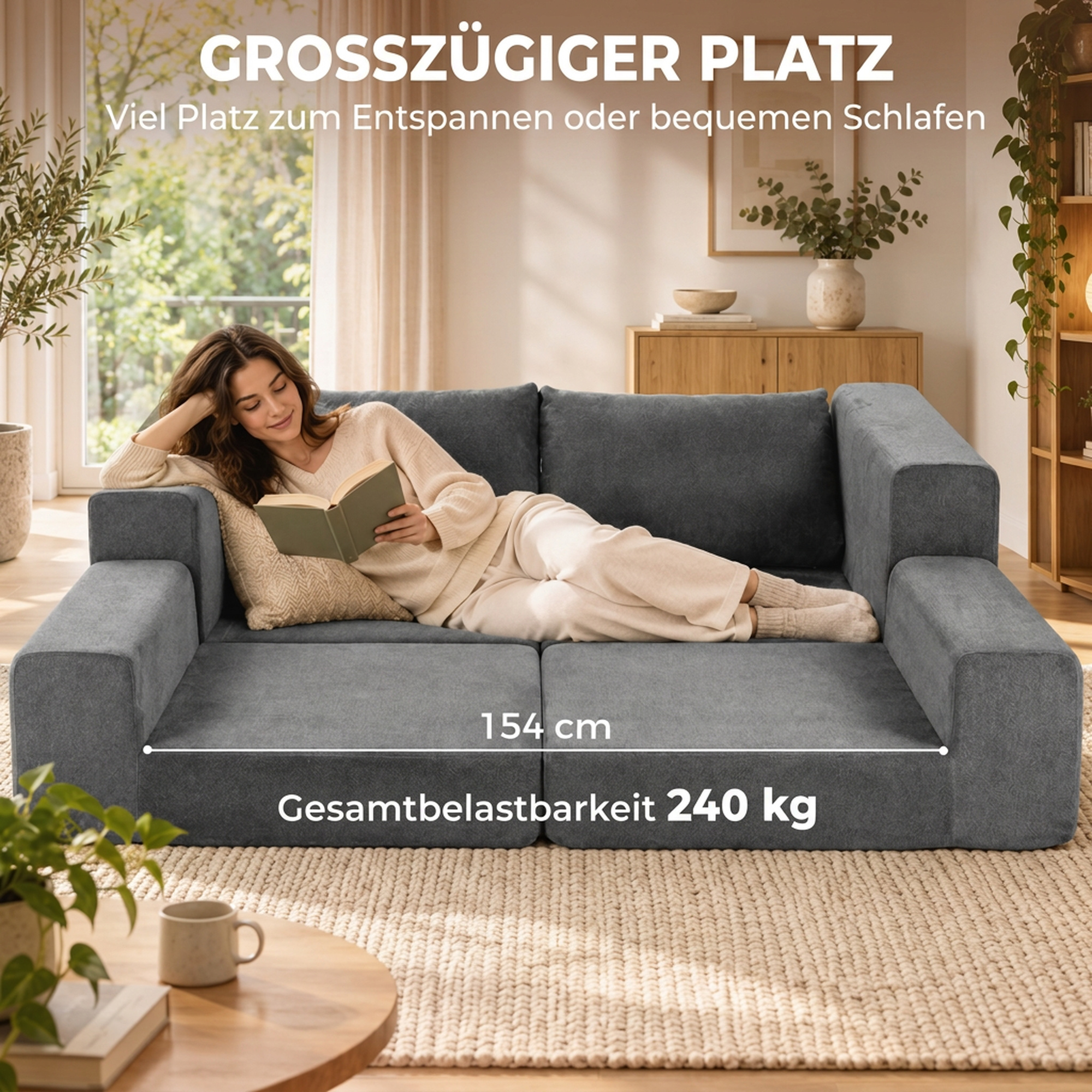 Schlafsofa 4-in-1 Schlaffunktion ausziehbar Klappsofa Kissen 2 Sitzer Grau