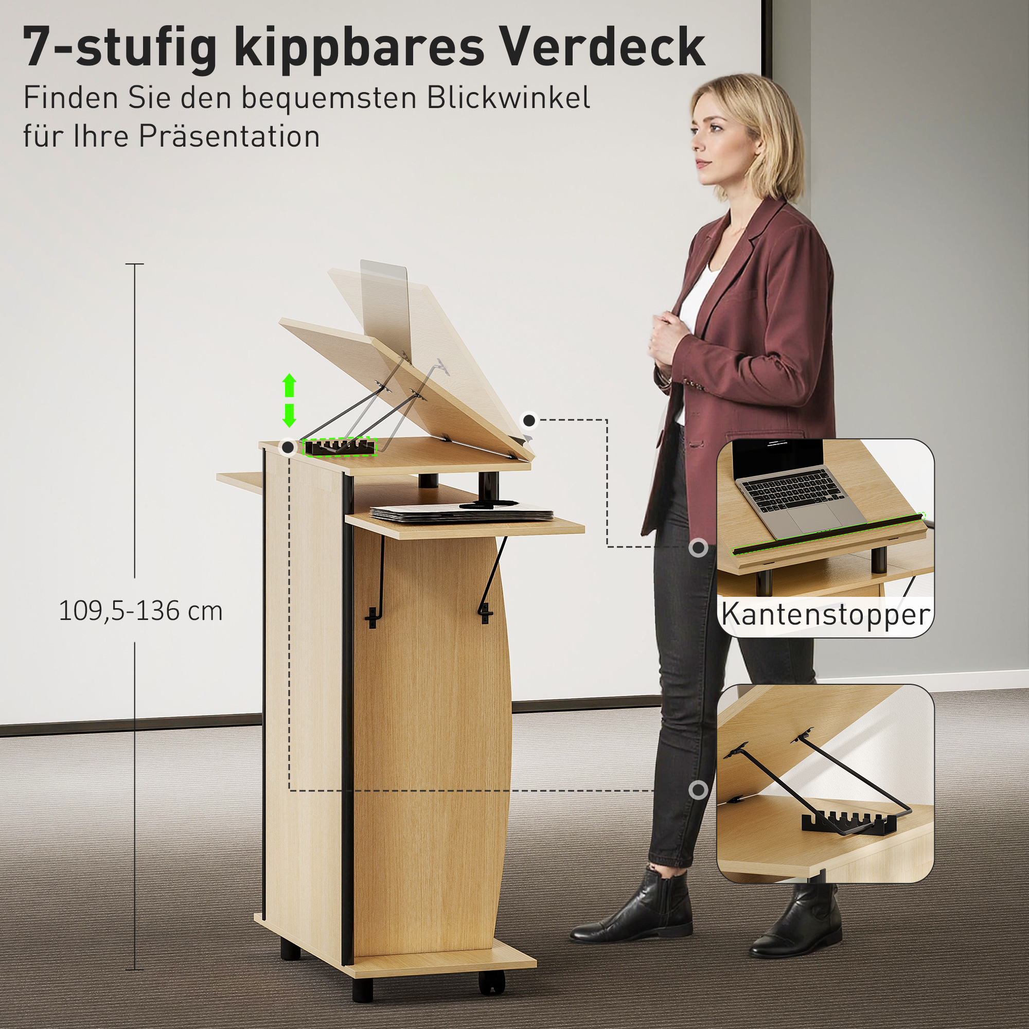 Rollbarer Podiumsständer, Redepult mit klappbaren Seitenflügeln, Laptop-Tisch mit Schublade und Regalen, Eichenoptik