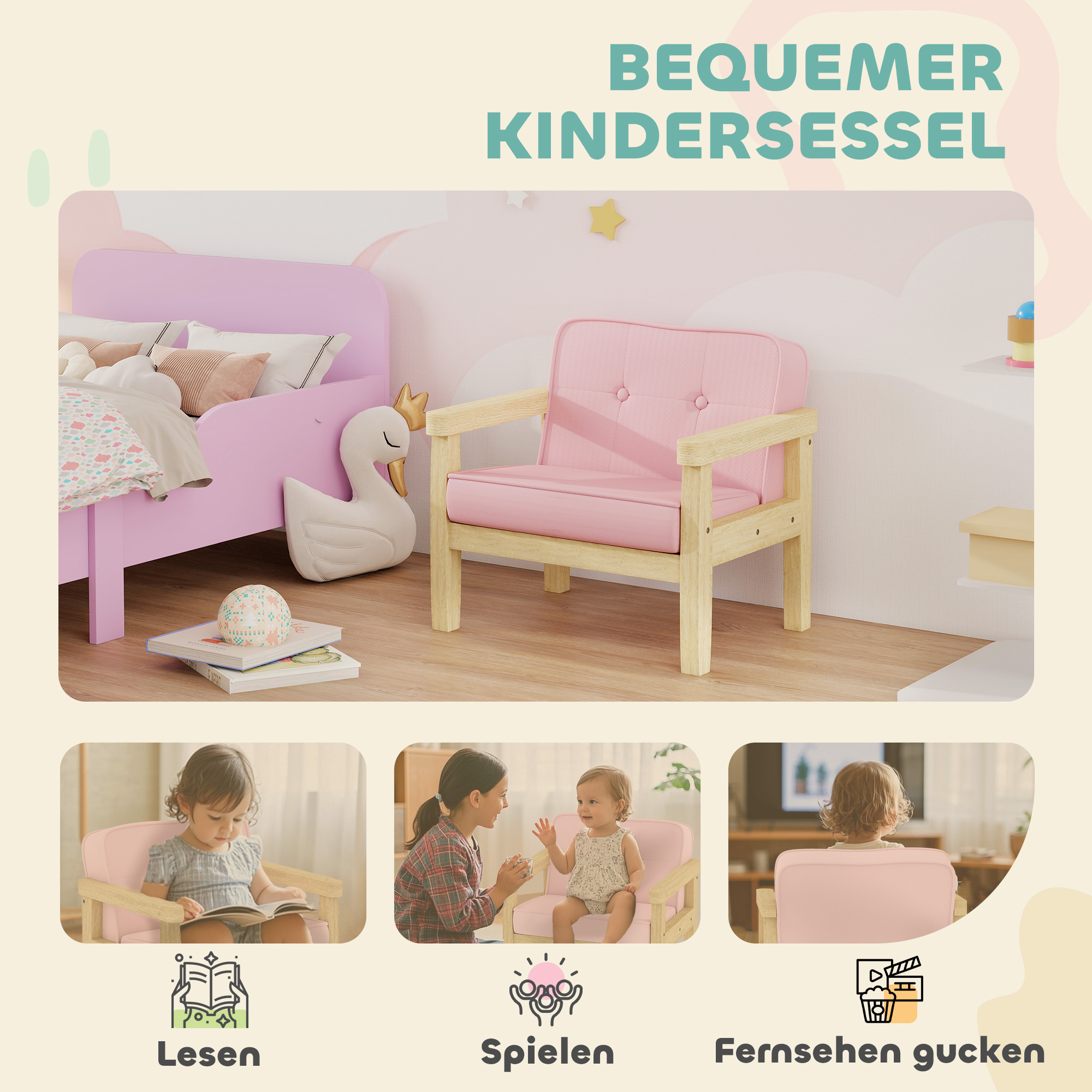 Kindersessel, Kindersofa mit Holzrahmen, Cordoptik, gepolsterter Kinderstuhl für Kinder von 3-8 Jahren, für Kinderzimmer, Spielzimmer, Rosa