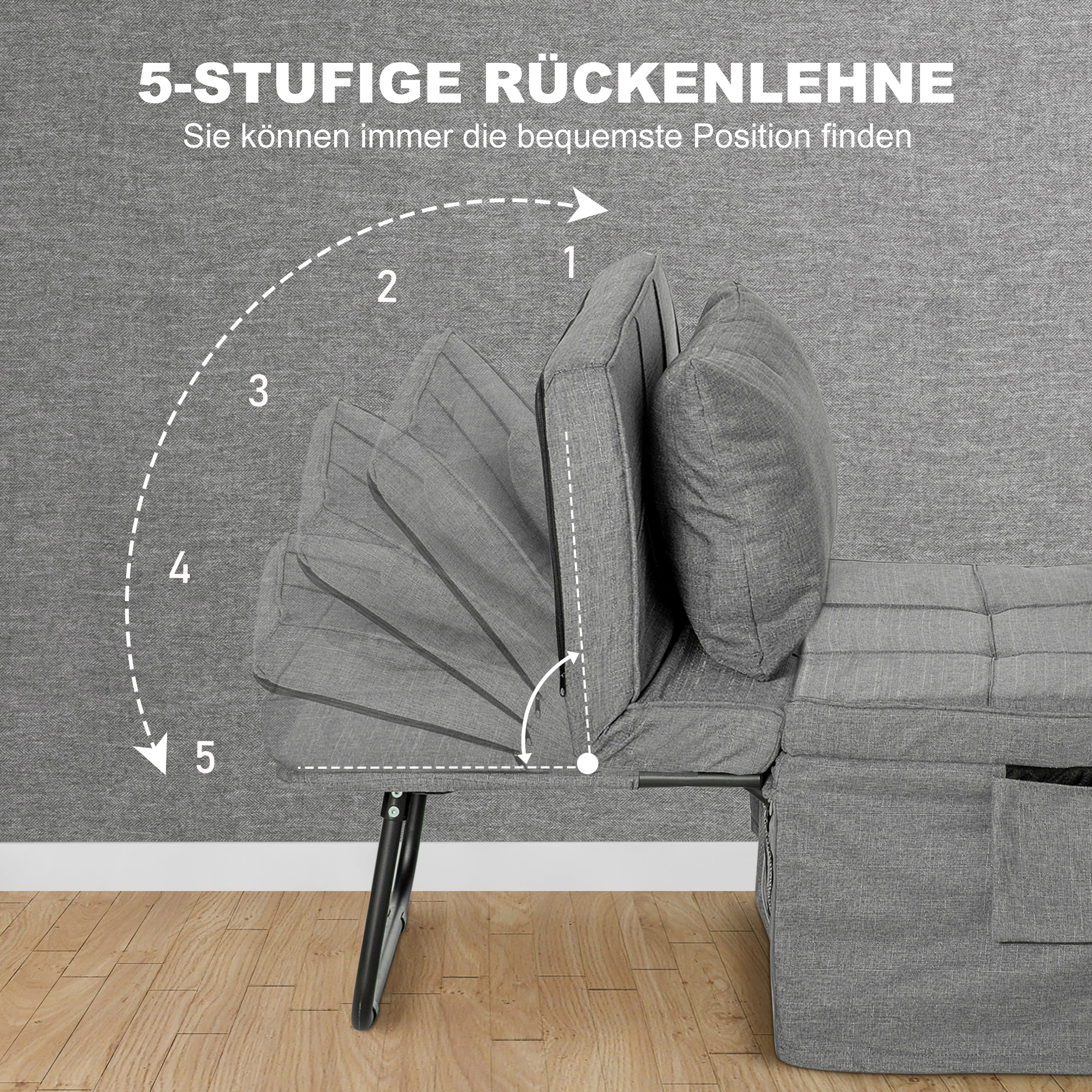 4-in-1 Klappbett, Gästebett, höhenverstellbar, Matratze, Seitentaschen, Metallrahmen, grau, 188 x 75 x 38 cm