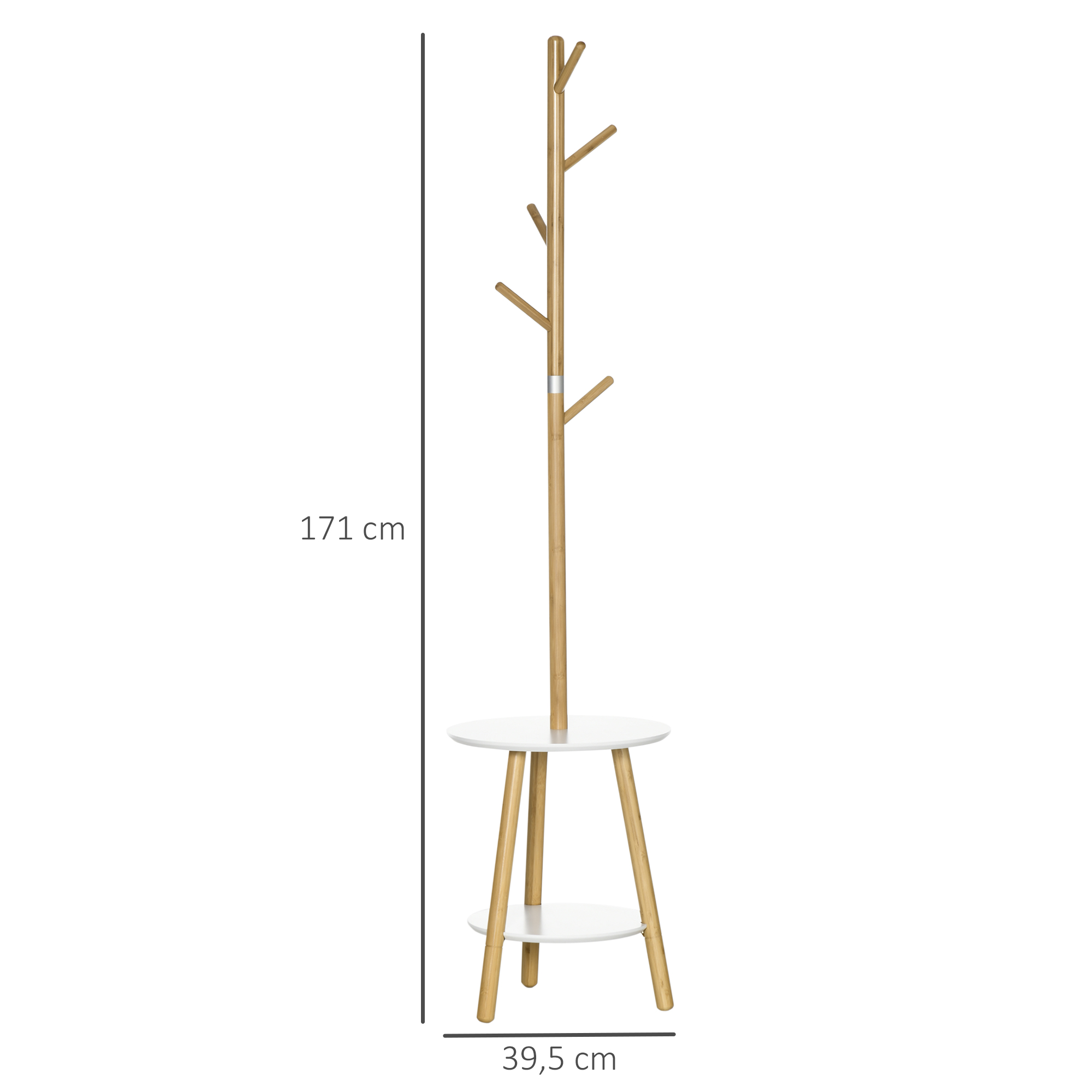 Garderobenständer mit Beistelltisch im Skandi-Design, 5 Kleiderhaken, 39, 5 cm x 39,5 cm x 171 cm, Natur + Weiß