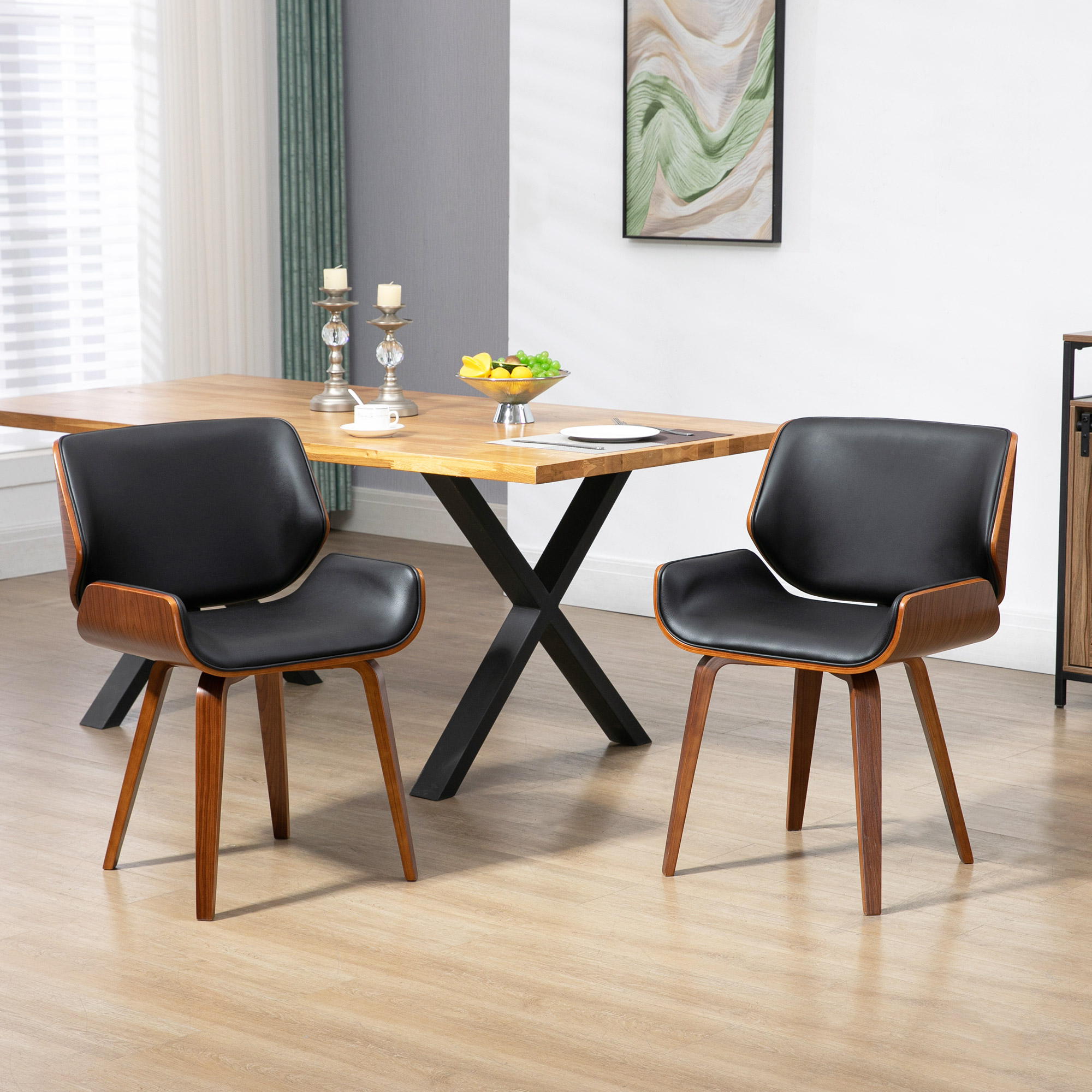 2er-Set Vintage-Esszimmerstühle, Holz, Stoffbezug, Schaumstoff, Schwarz