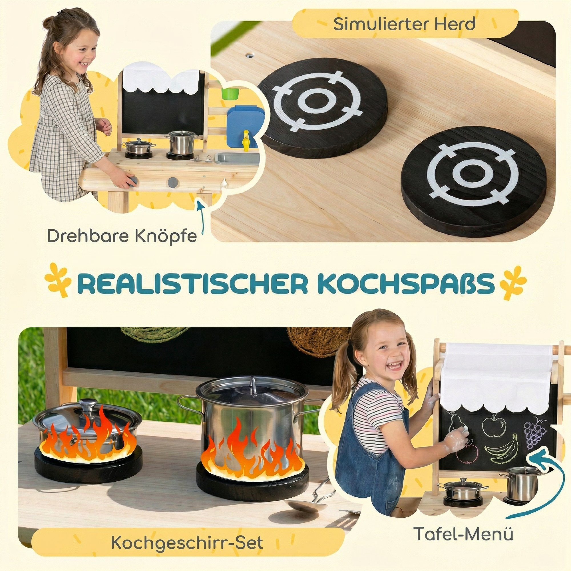Matschküche Kinder Outdoor, Spielküche aus Holz mit echtem Wasserhahn, Spüle, Herd, Ablagefach, Wassertank, Naturholz