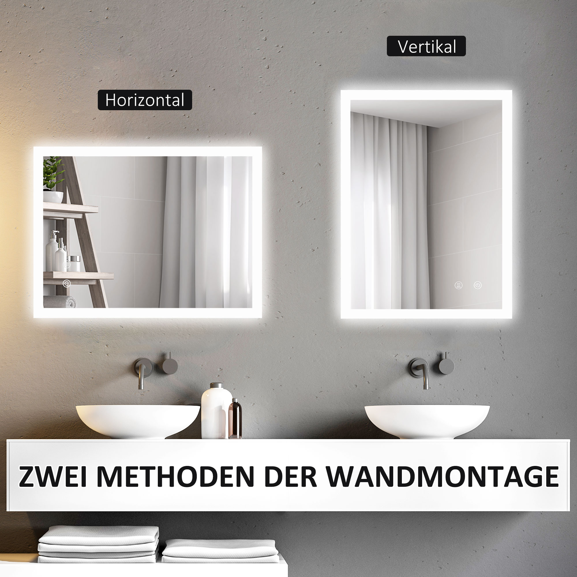 LED Badezimmerspiegel, Hintergrundbeleuchtung, Touch-Funktion, Memory-Funktion, kein Beschlagen, 80 x 60 cm