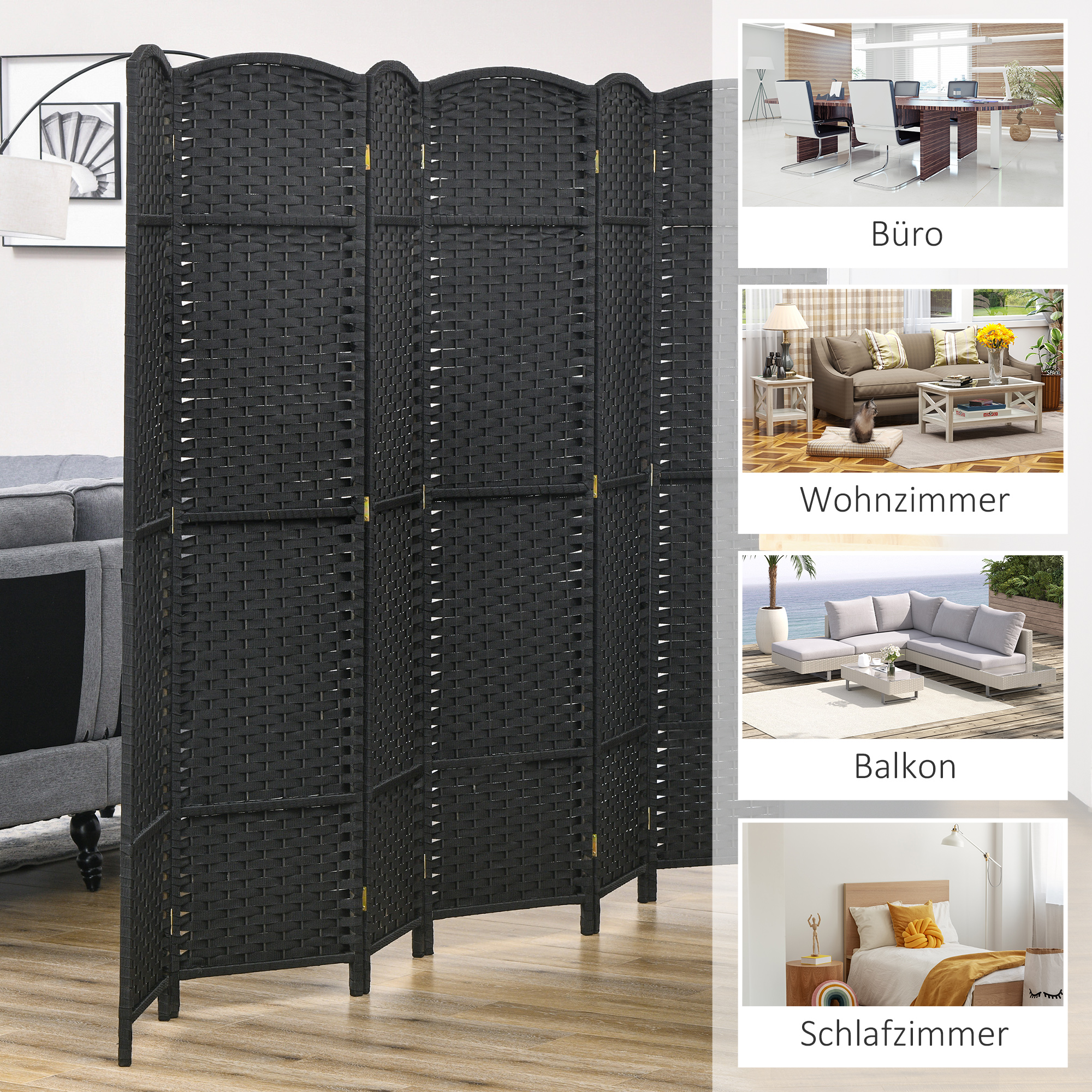 6-teiliger Raumtrenner, Faltbarer Sichtschutz, Sichtschutzwand für Wohnzimmer, Schlafzimmer, Homeoffice, Schwarz