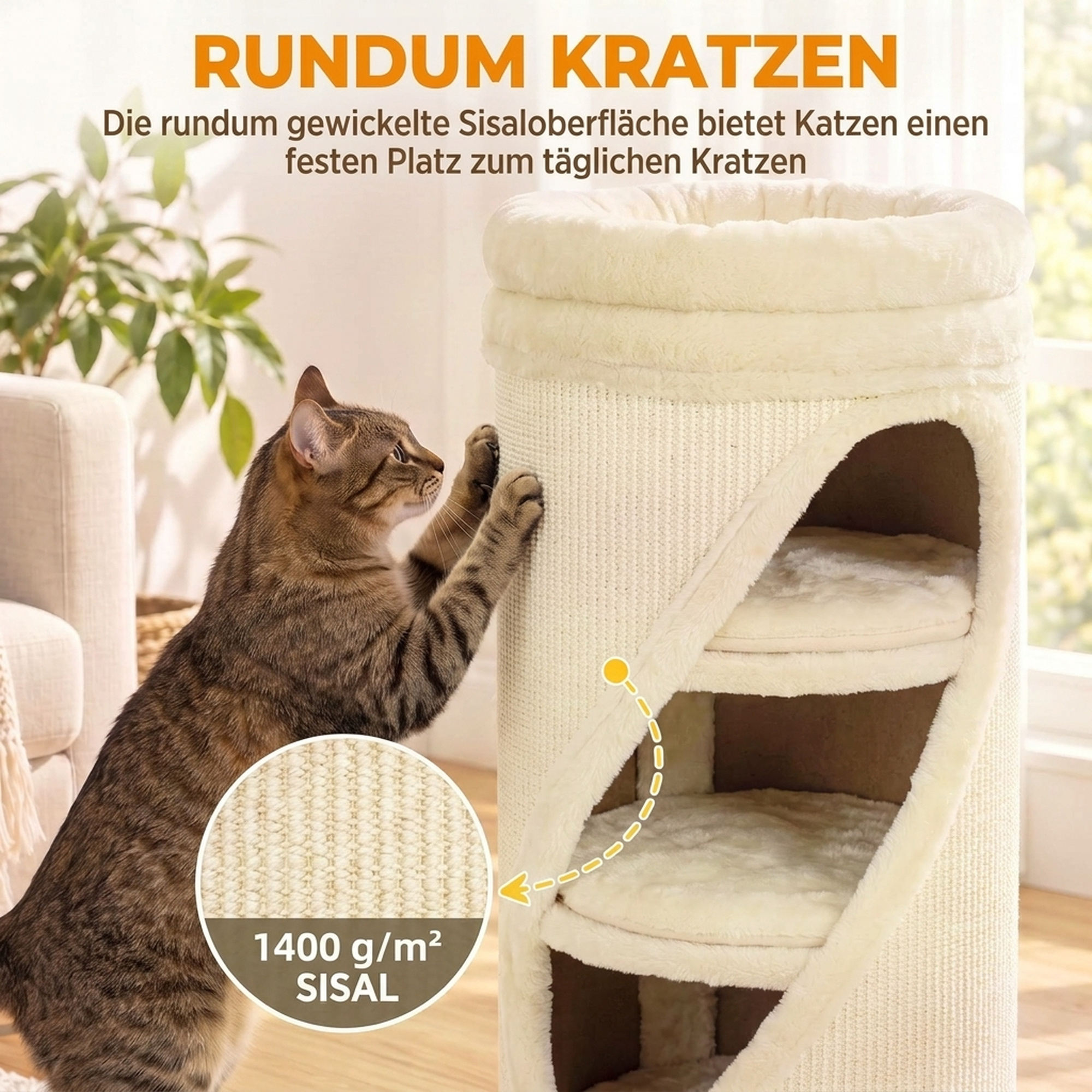 Kratztonne 75 cm Hoch Ø 35 cm 4-Stufige Katzentonne mit 3 Höhlen, abnehmbarem waschbarem Plüschbett Sisal-Kratzfläche