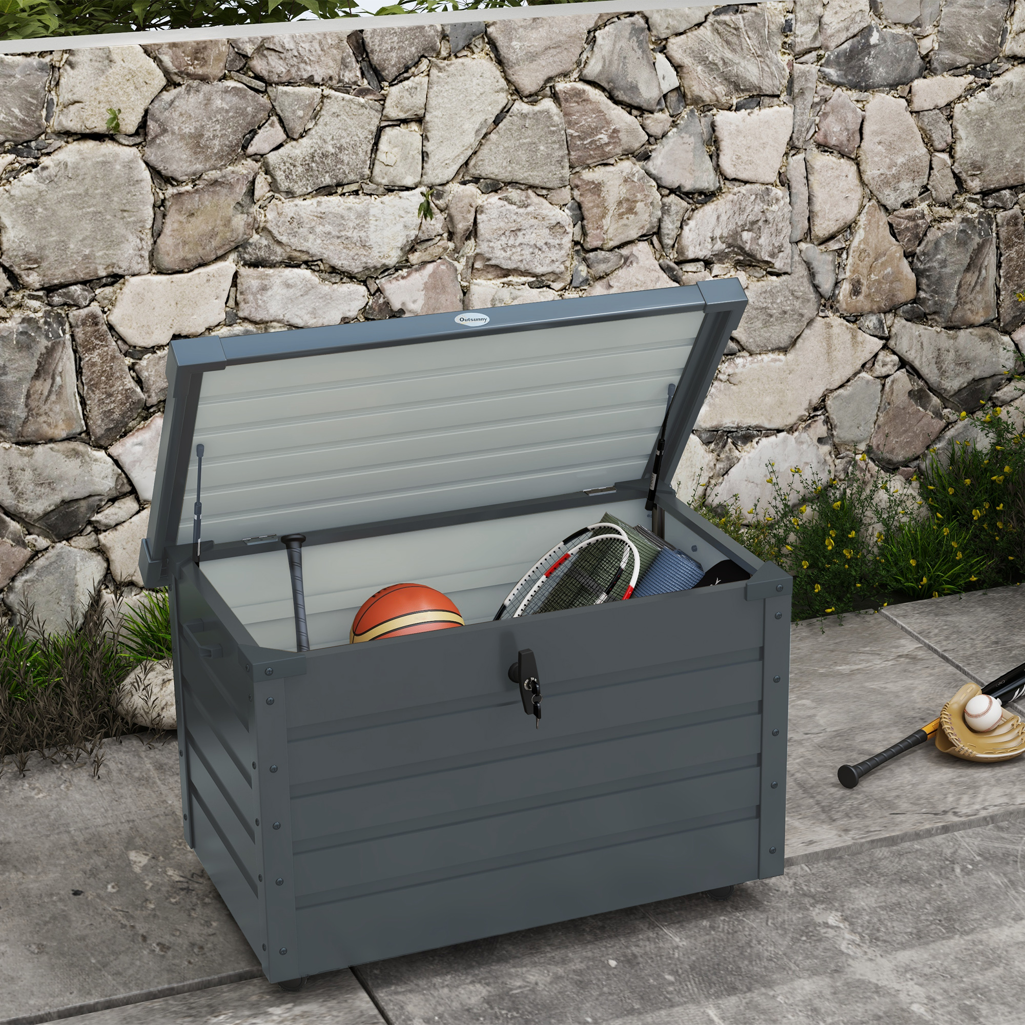 Outdoor Aufbewahrungsbox Gartenbox Kissenbox, wetterbeständig, 4 Rollen, 100 cm x 62 cm x 65 cm, Dunkelgrau