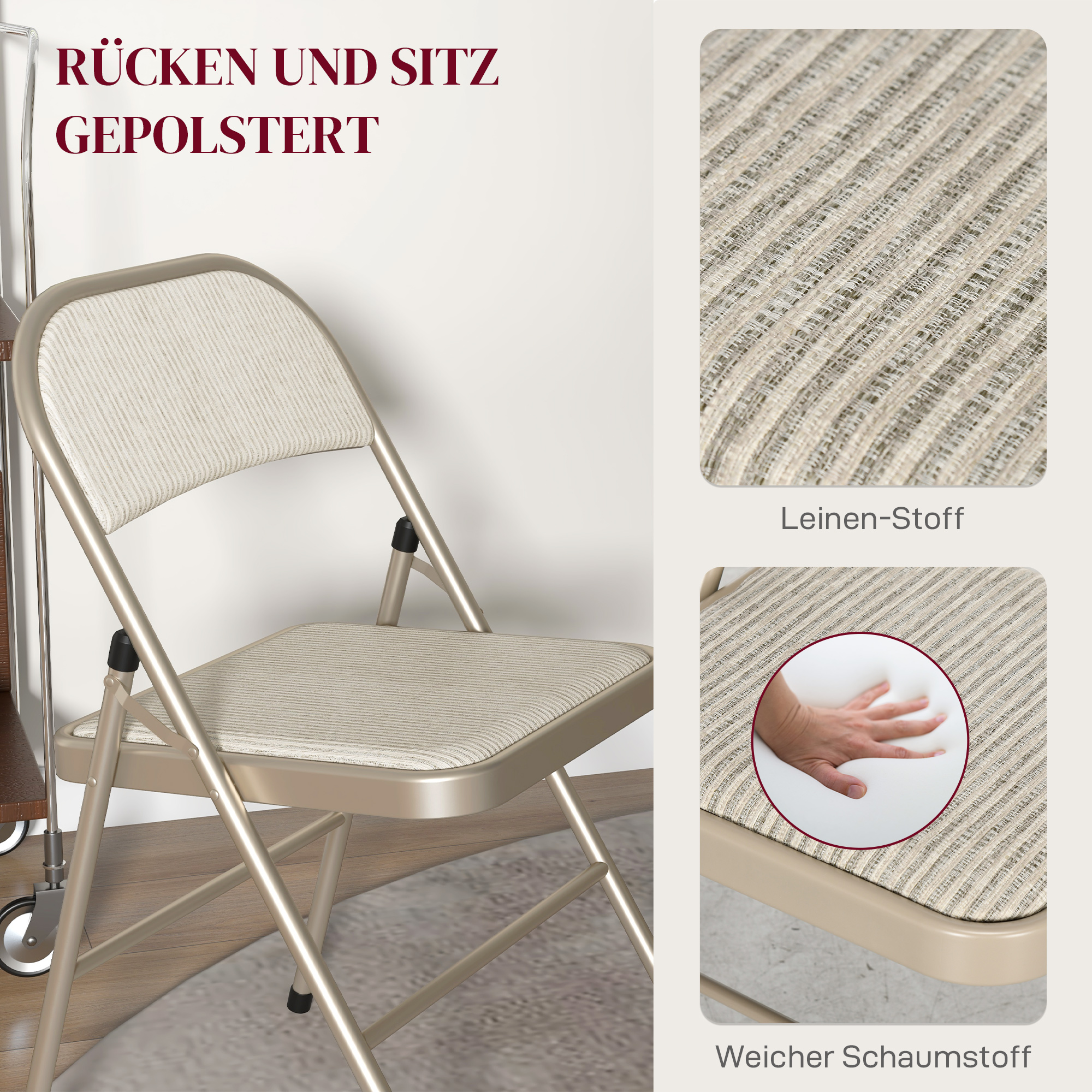 6er-Set Klappstühle, Tragbare Bürostühle, Stahlbeine, Faltstuhl für Büro, Empfang, Wartezimmer, Leinenoptik Beige