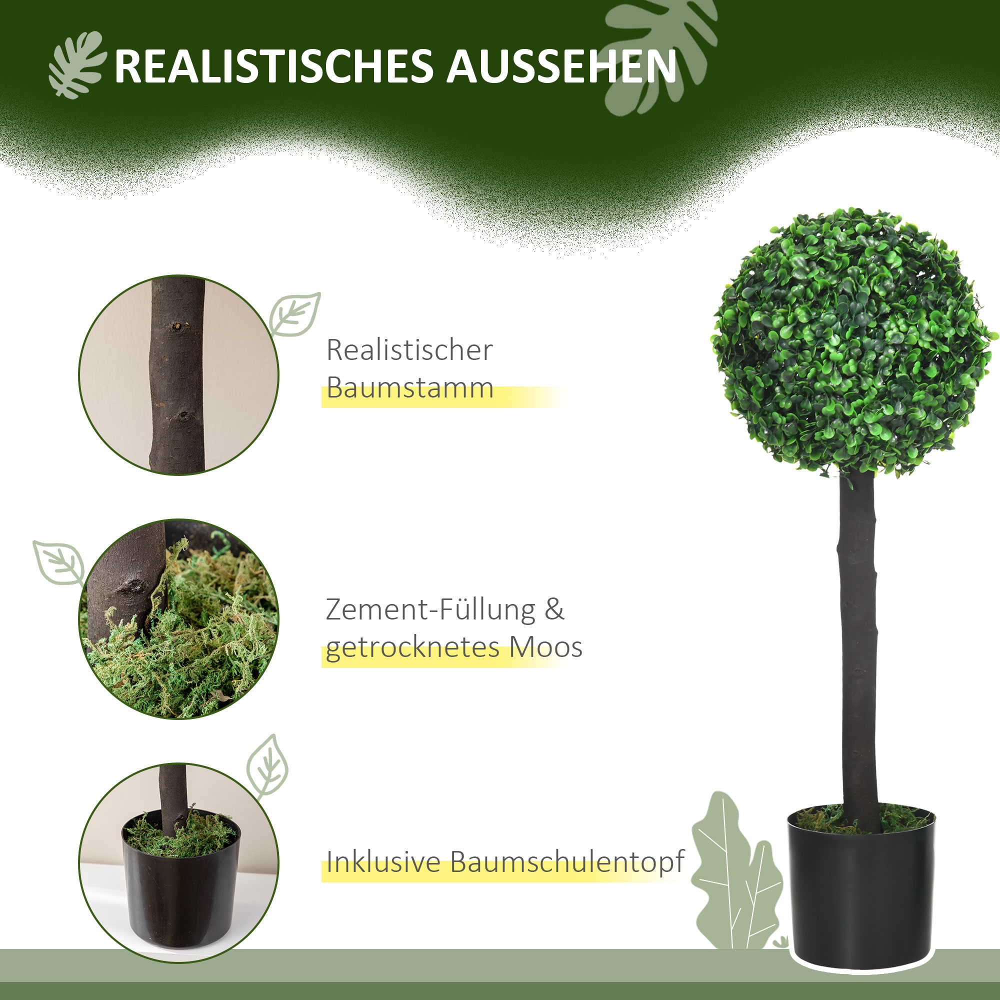 2er-Set künstlicher Buchsbaum, 2 Buchsbäume, Outdoor, 20 cm x 20 cm x 60 cm, Grün + Braun+ Schwarz